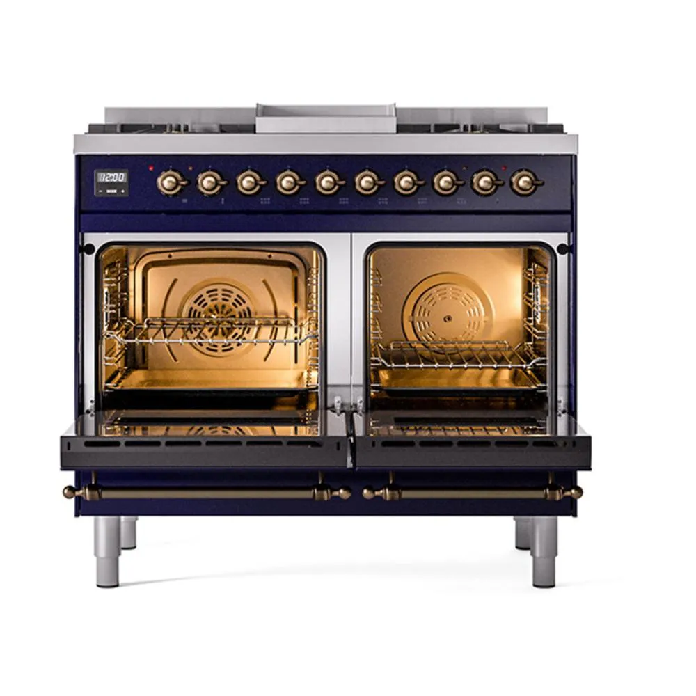 Ilve UND40FQNMPMBB Ilve Und40Fqnmpmbb Nostalgie Ii Noblesse 40" Dual Fuel Range (Natural Gas, Solid Door, Midnight Blue, Burnished)