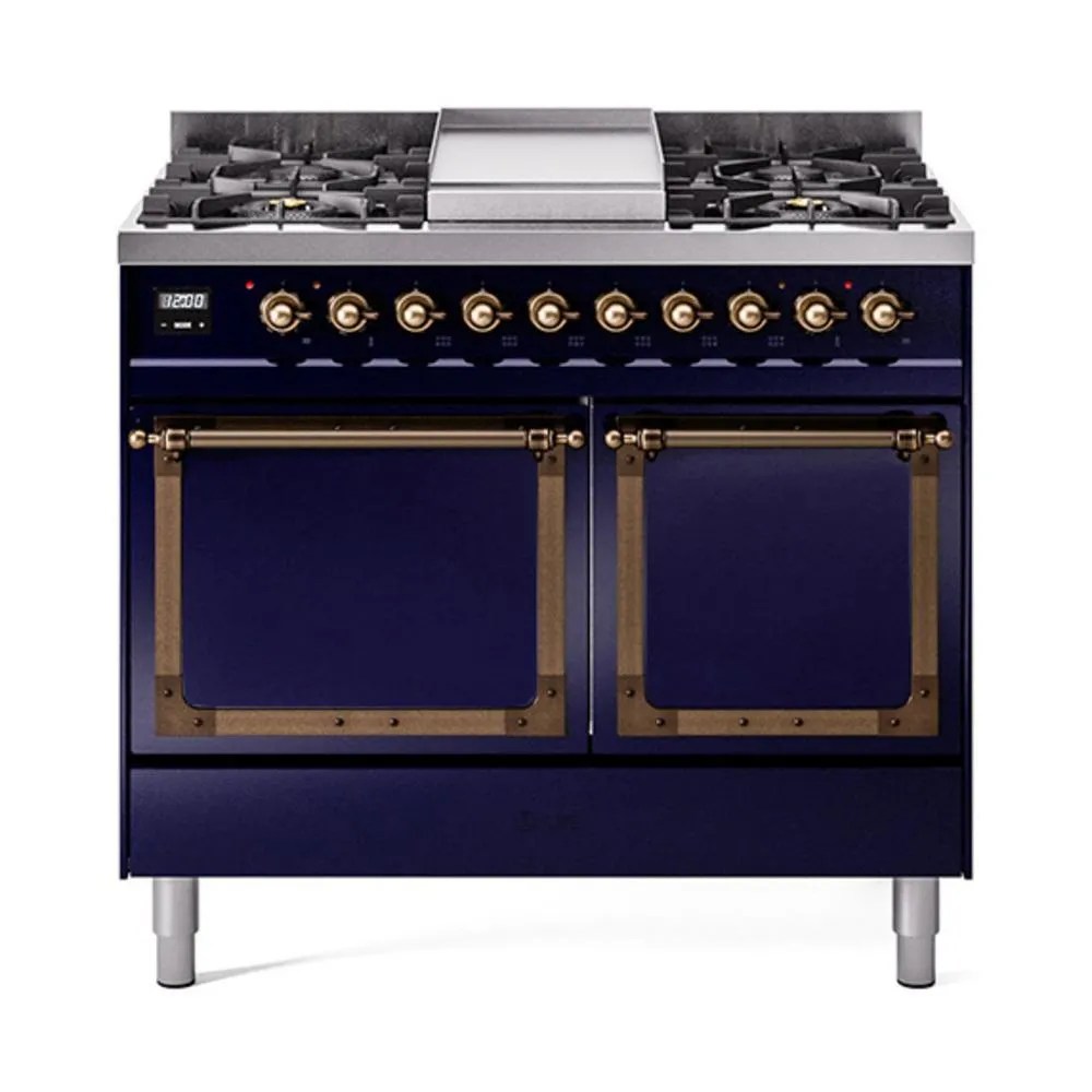 Ilve UND40FQNMPMBB Ilve Und40Fqnmpmbb Nostalgie Ii Noblesse 40" Dual Fuel Range (Natural Gas, Solid Door, Midnight Blue, Burnished)