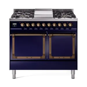 Ilve UND40FQNMPMBB Ilve Und40Fqnmpmbb Nostalgie Ii Noblesse 40" Dual Fuel Range (Natural Gas, Solid Door, Midnight Blue, Burnished)
