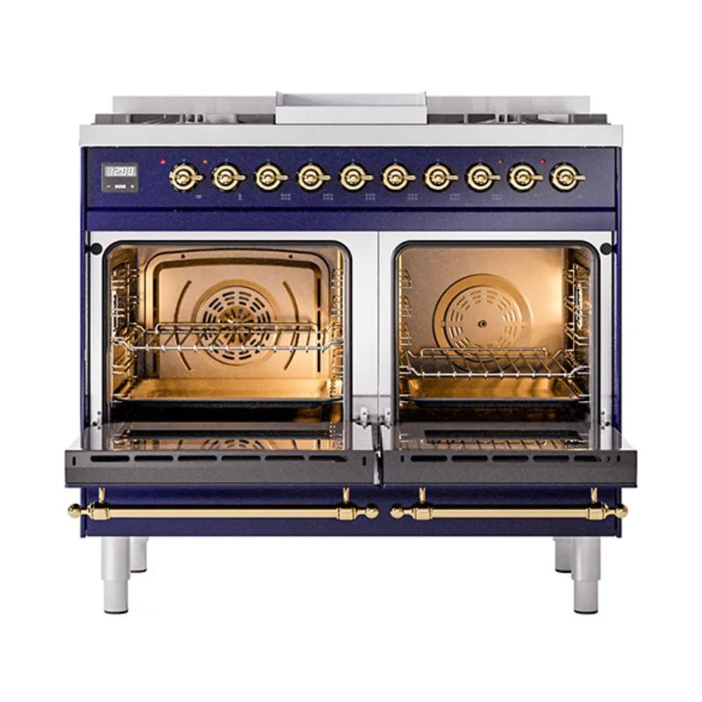 Ilve UND40FQNMPMBG Ilve Und40Fqnmpmbg Nostalgie Ii Noblesse 40" Dual Fuel Range (Natural Gas, Solid Door, Midnight Blue, Brass)