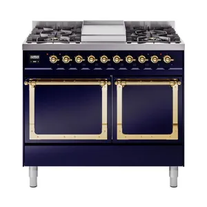 Ilve UND40FQNMPMBG Ilve Und40Fqnmpmbg Nostalgie Ii Noblesse 40" Dual Fuel Range (Natural Gas, Solid Door, Midnight Blue, Brass)