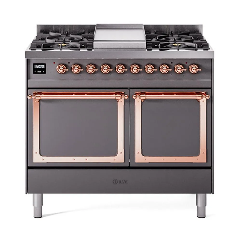 Ilve UND40FQNMPMGPLP Ilve Und40Fqnmpmgplp Nostalgie Ii Noblesse 40" Dual Fuel Range (Liquid Propane, Solid Door, Graphite Matte, Copper)