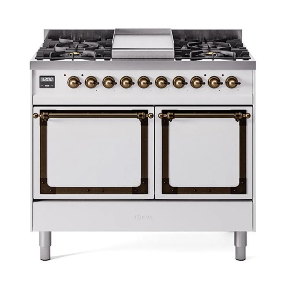 Ilve UND40FQNMPWHB Ilve Und40Fqnmpwhb Nostalgie Ii Noblesse 40" Dual Fuel Range (Natural Gas, Solid Door, White, Burnished)