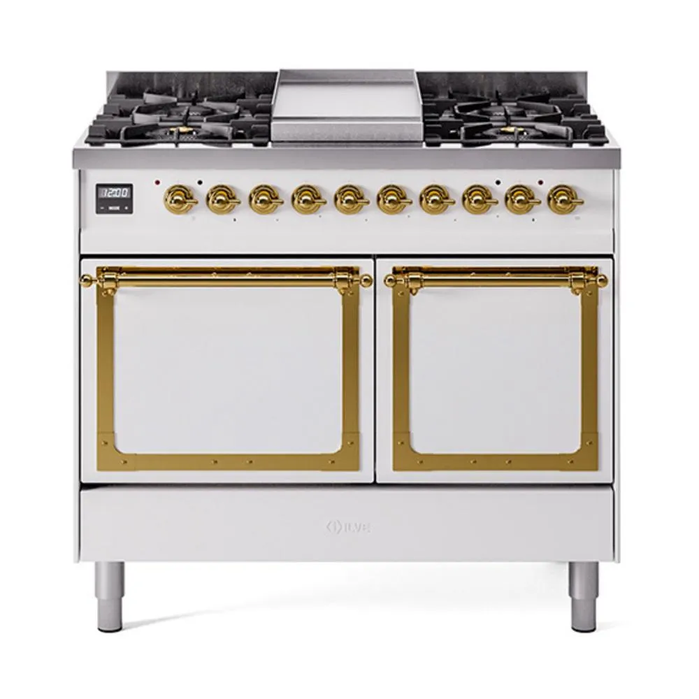 Ilve UND40FQNMPWHG Ilve Und40Fqnmpwhg Nostalgie Ii Noblesse 40" Dual Fuel Range (Natural Gas, Solid Door, White, Brass)