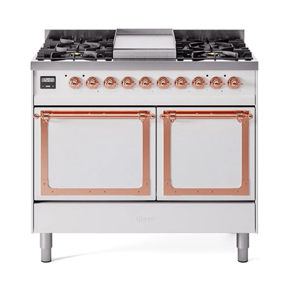 Ilve UND40FQNMPWHPLP Ilve Und40Fqnmpwhplp Nostalgie Ii Noblesse 40" Dual Fuel Range (Liquid Propane, Solid Door, White, Copper)