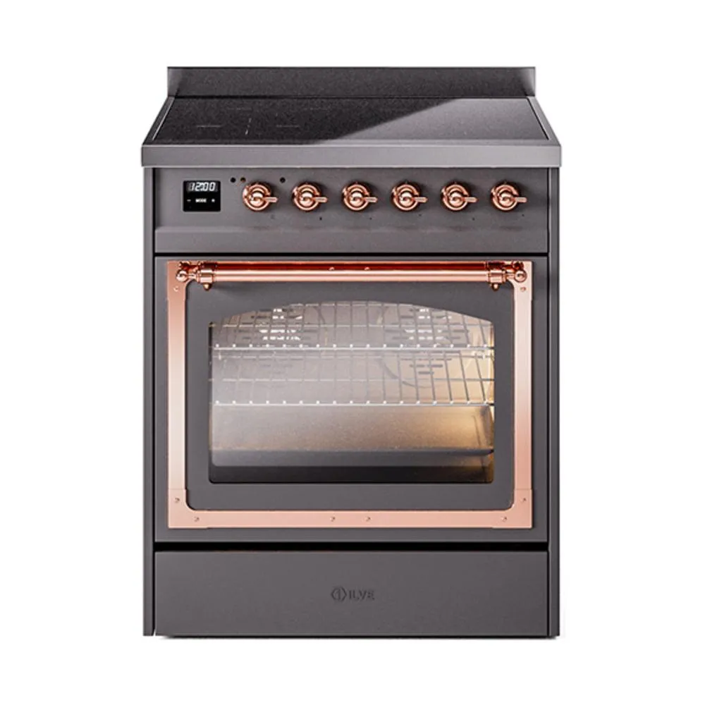 Ilve UNI304NMPMGP Ilve Uni304Nmpmgp Nostalgie Ii Noblesse 30" Induction Range (Triple Glass Door, Graphite Matte, Copper)