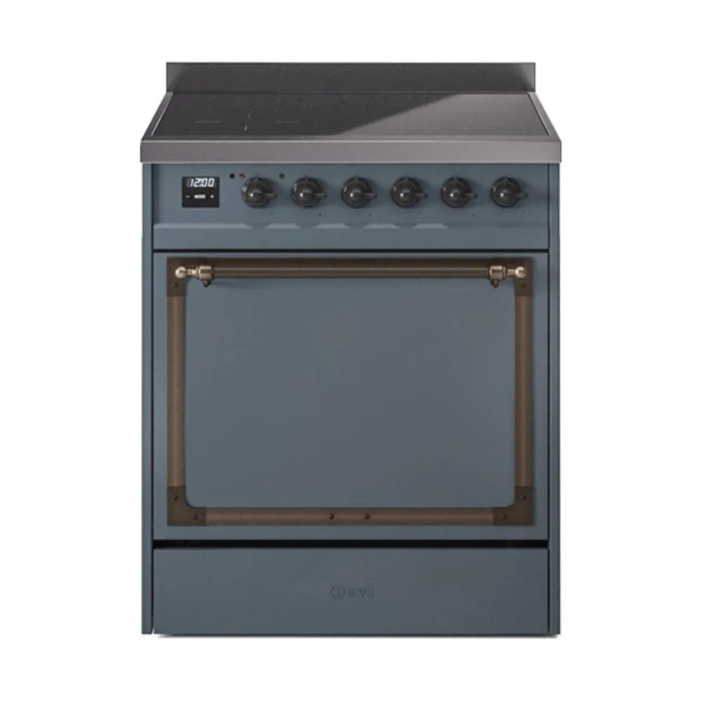 Ilve UNI304QNMPBGB Ilve Uni304Qnmpbgb Nostalgie Ii Noblesse 30" Induction Range (Solid Door, Blue Grey, Burnished)