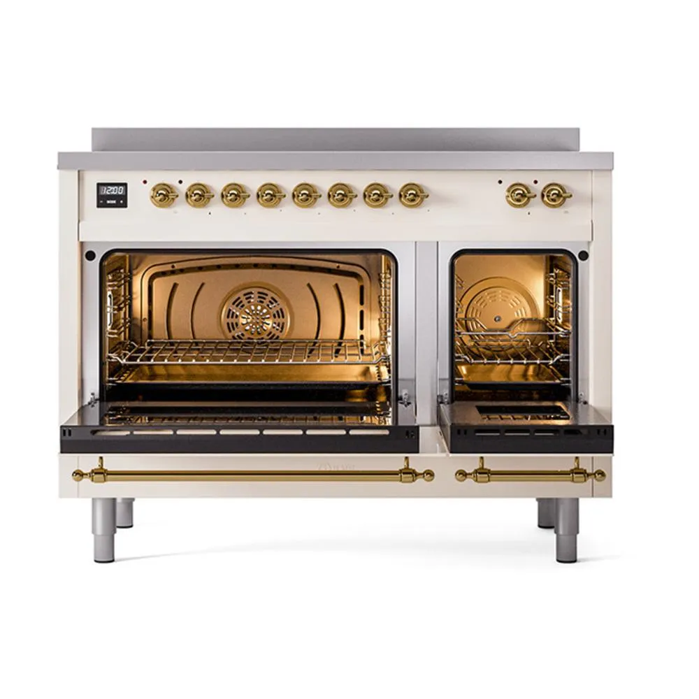 Ilve UNI486QNMPAWG Ilve Uni486Qnmpawg Nostalgie Ii Noblesse 48" Induction Range (Solid Door, Antique White, Brass)