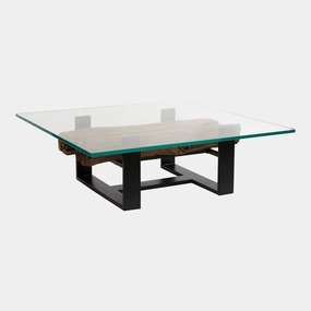 Lampu - 120cm Square Coffee Table With Reclaimed Railway Sleeper & Glass Topoutdoor coffee table for patio or lounge