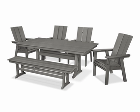Modern Curveback Adirondack 6-Piece Farmhouse Dining Set with Trestle Legs and Benchoutdoor patio furniture set