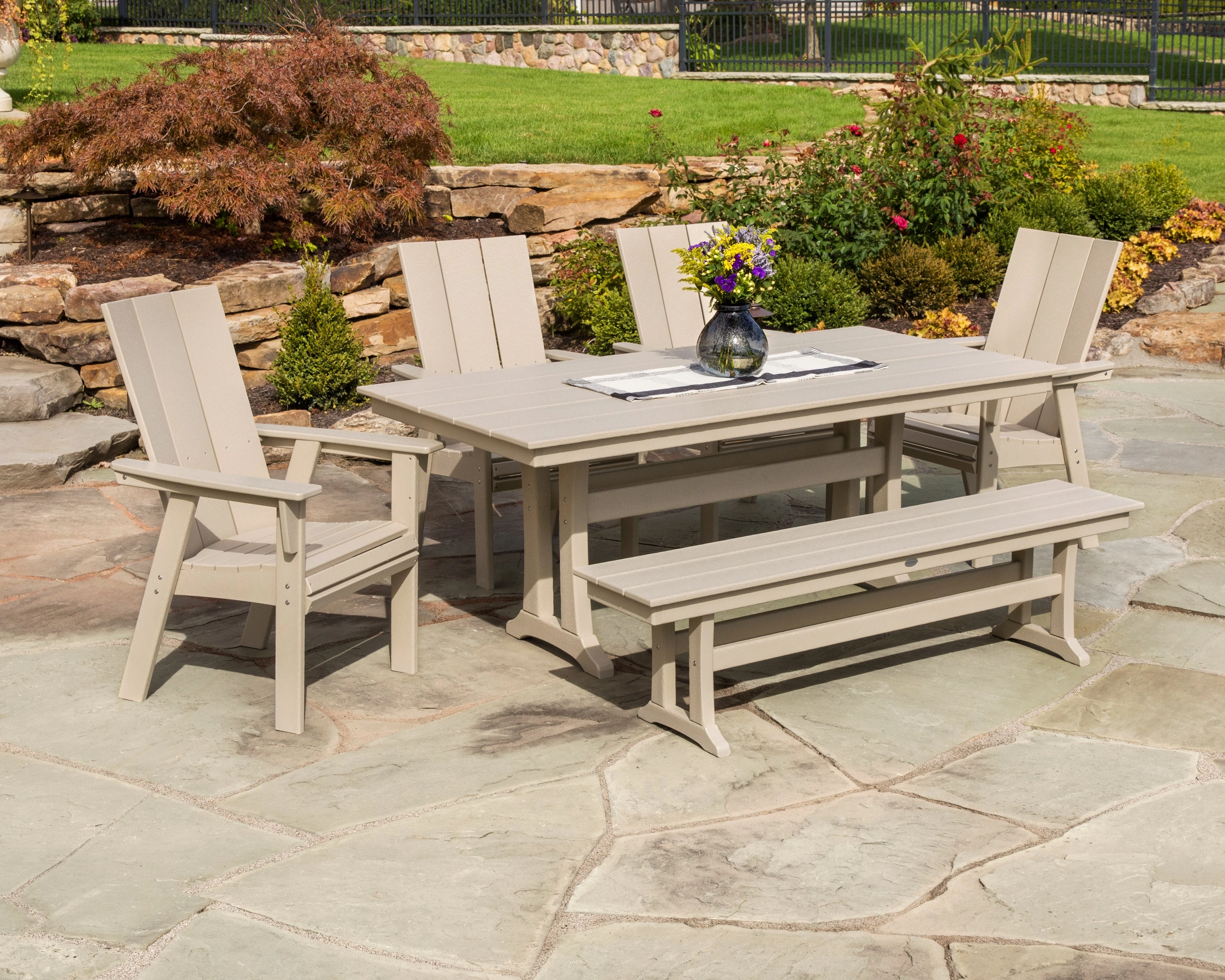Modern Curveback Adirondack 6-Piece Farmhouse Dining Set with Trestle Legs and Bench
