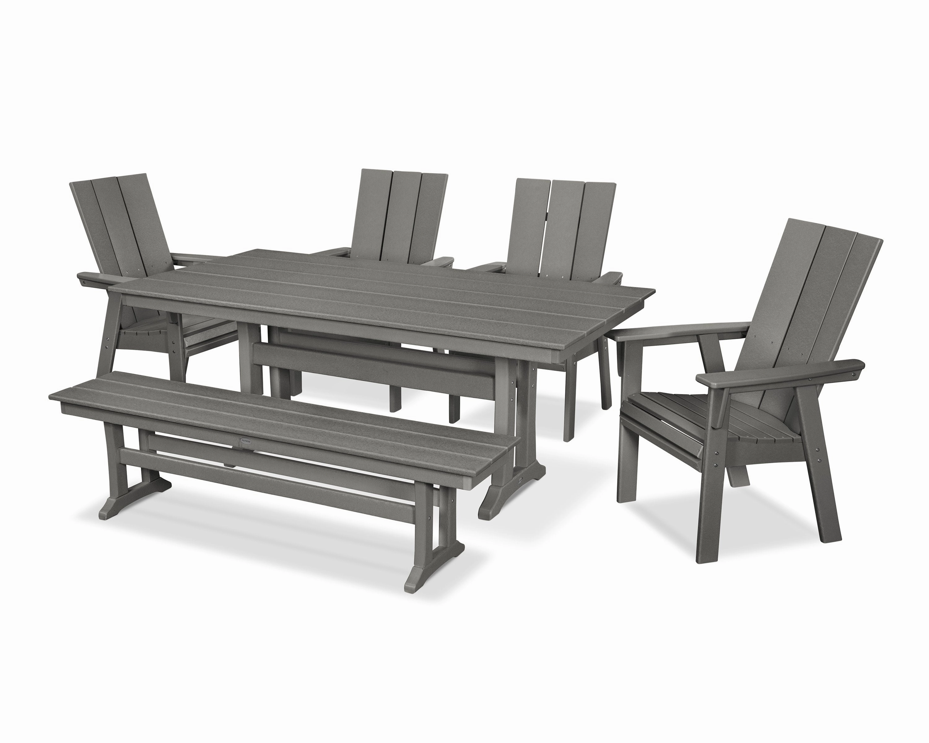Modern Curveback Adirondack 6-Piece Farmhouse Dining Set with Trestle Legs and Benchoutdoor patio furniture set