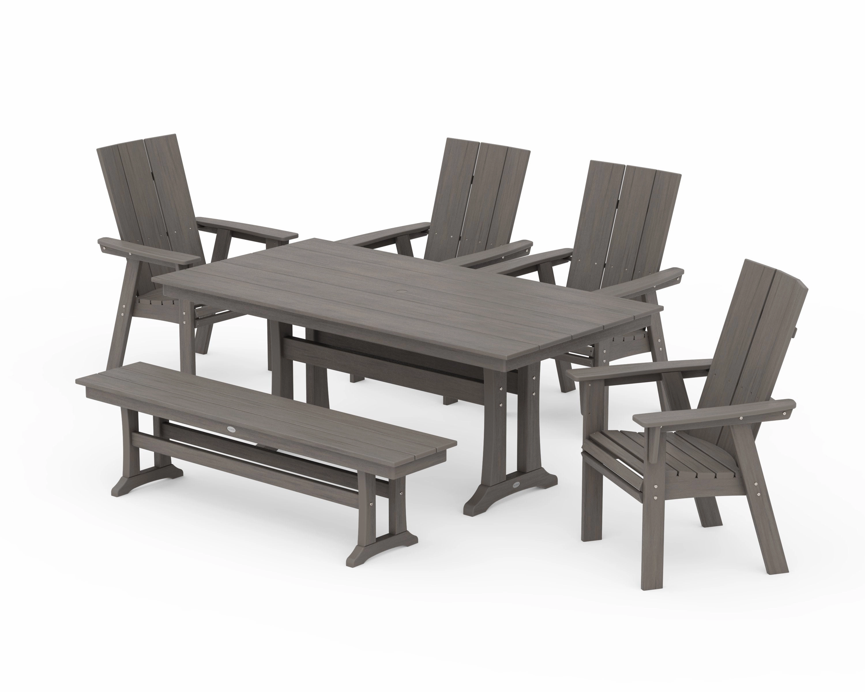 Modern Curveback Adirondack 6-Piece Farmhouse Dining Set with Trestle Legs and Bench