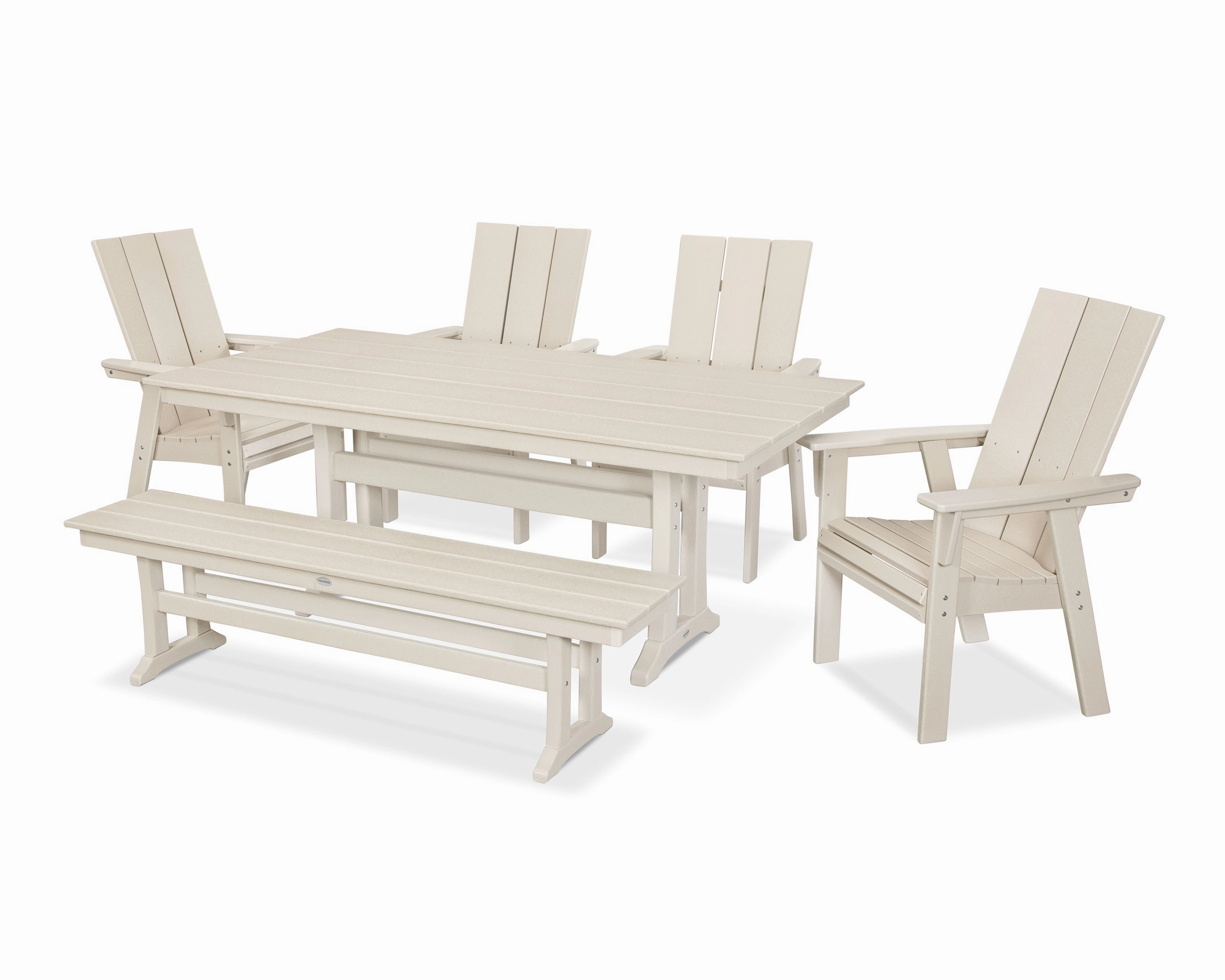 Modern Curveback Adirondack 6-Piece Farmhouse Dining Set with Trestle Legs and Bench