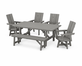 Modern Curveback Adirondack Swivel Chair 6-Piece Rustic Farmhouse Dining Set with Benchoutdoor patio furniture set