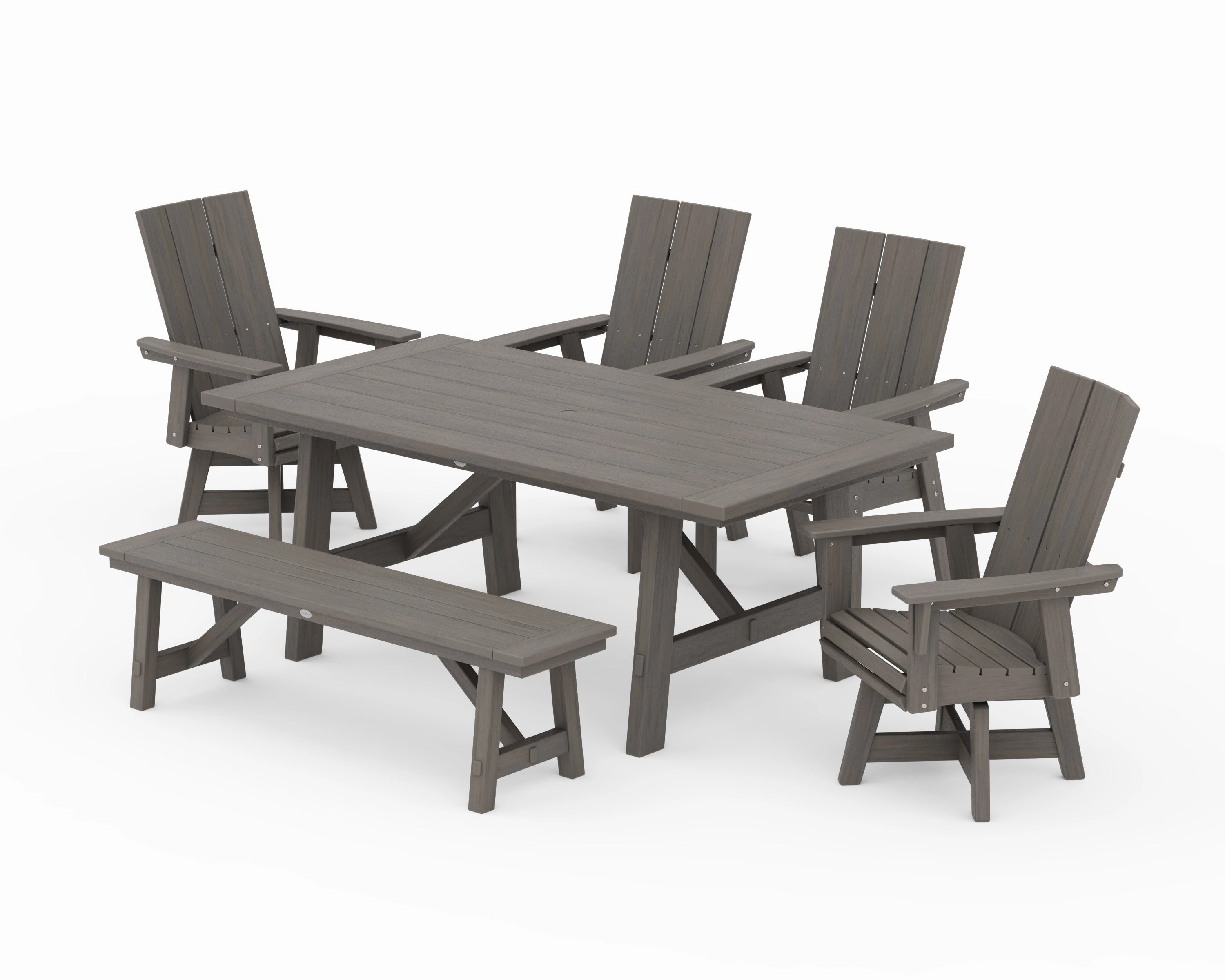 Modern Curveback Adirondack Swivel Chair 6-Piece Rustic Farmhouse Dining Set with Bench