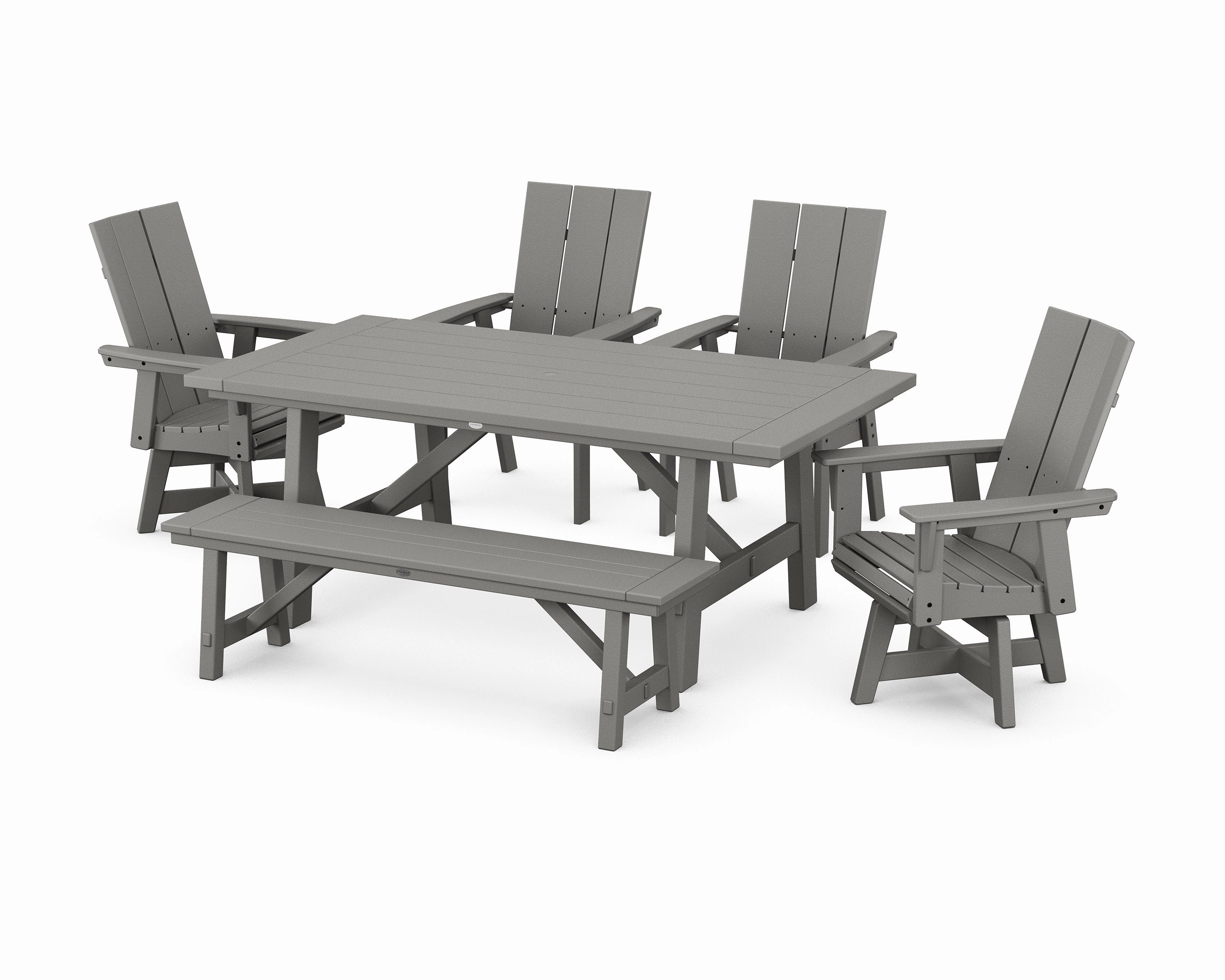 Modern Curveback Adirondack Swivel Chair 6-Piece Rustic Farmhouse Dining Set with Benchoutdoor patio furniture set