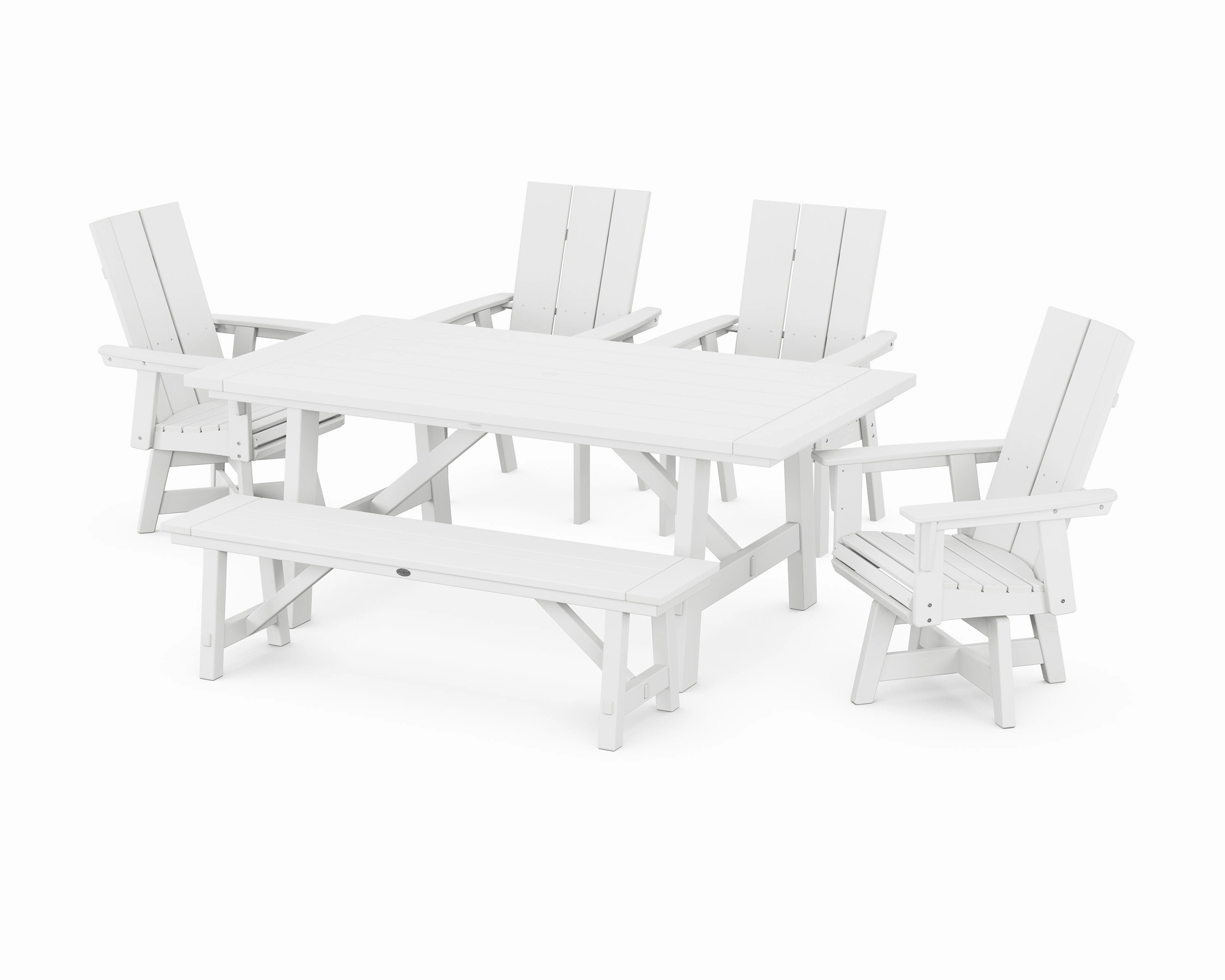 Modern Curveback Adirondack Swivel Chair 6-Piece Rustic Farmhouse Dining Set with Bench