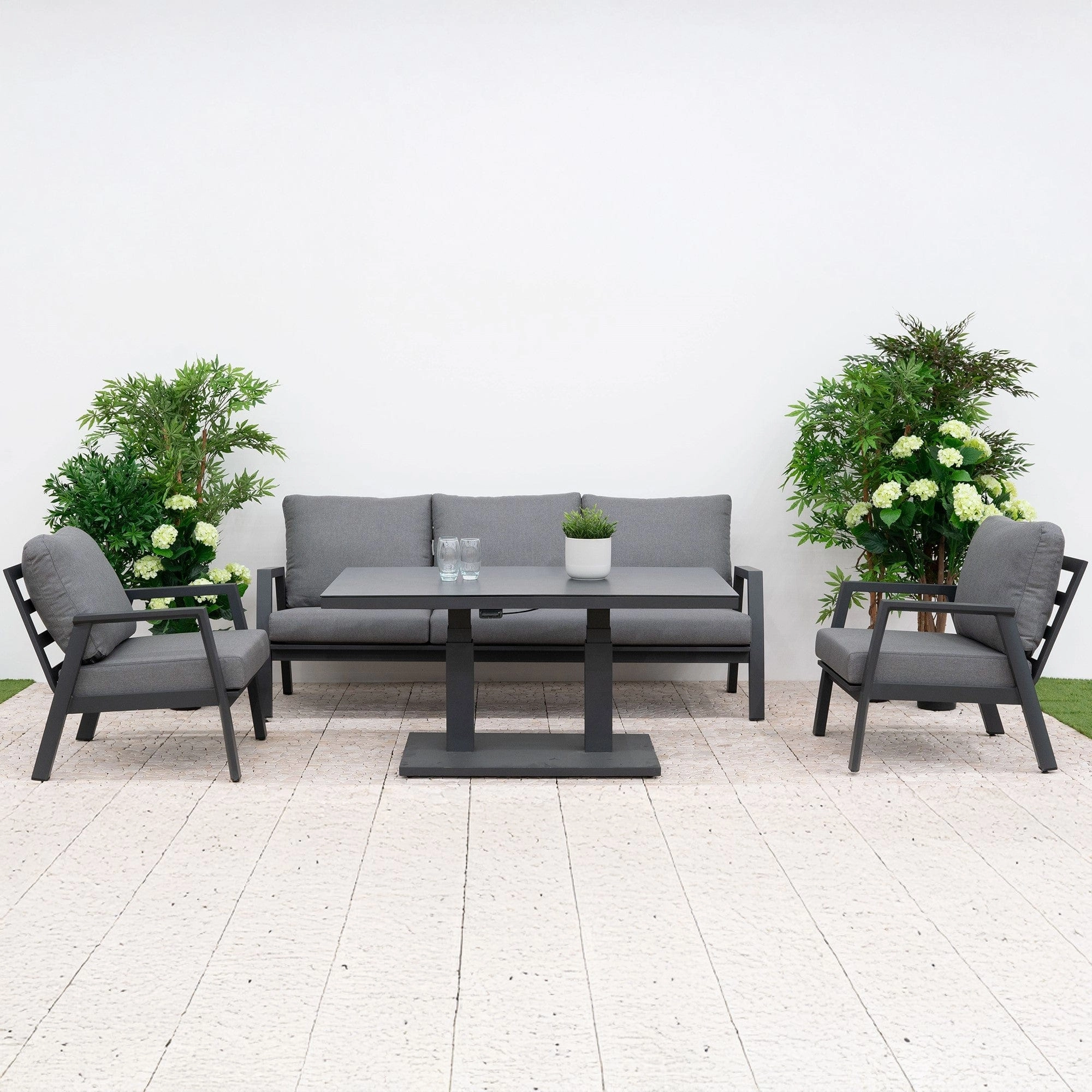 Montego Bay - 3 Seat Sofa Dining Set With Rectangular Rising Table In Dark Grey & Ceramic Topaluminum alloy outdoor sofa set
