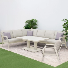 Montego Bay - Corner Sofa Dining Set With Rectangular Rising Table In Pebble & Ceramic Topaluminum alloy outdoor sofa set