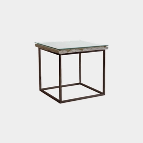 Myrtle - Lamp Table Reclaimed Railway Sleeper With Glass Top & Matt Grey Metal Baseoutdoor side table for patio furniture