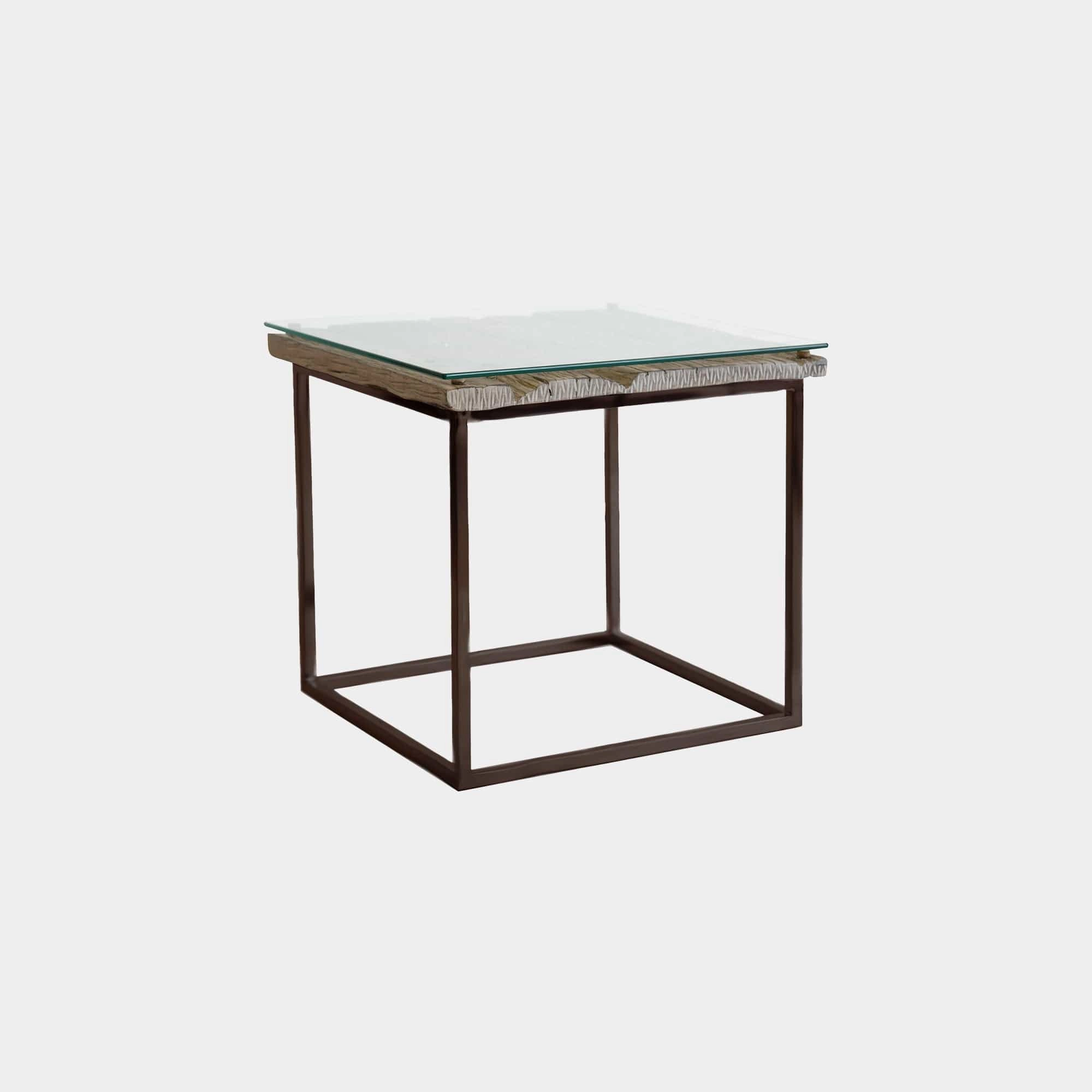 Myrtle - Lamp Table Reclaimed Railway Sleeper With Glass Top & Matt Grey Metal Baseoutdoor side table for patio furniture