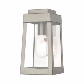 Oslo One Light Outdoor Wall Lantern Brushed Nickel w/ Polished Chrome Stainless SteelOutdoor wall sconces with motion sensor