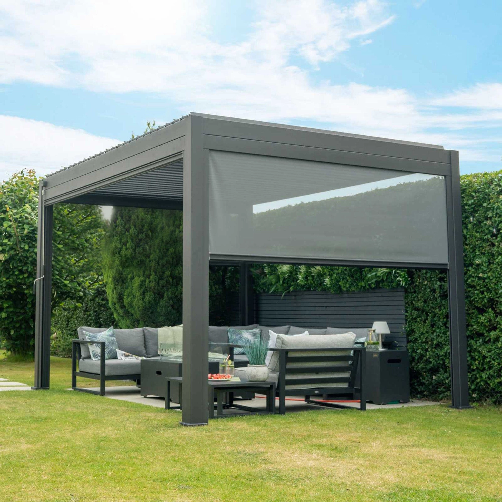Palm Beach - 4m x 3m Rectangular Pergola In Grey Aluminium Including 2 Privacy Screens