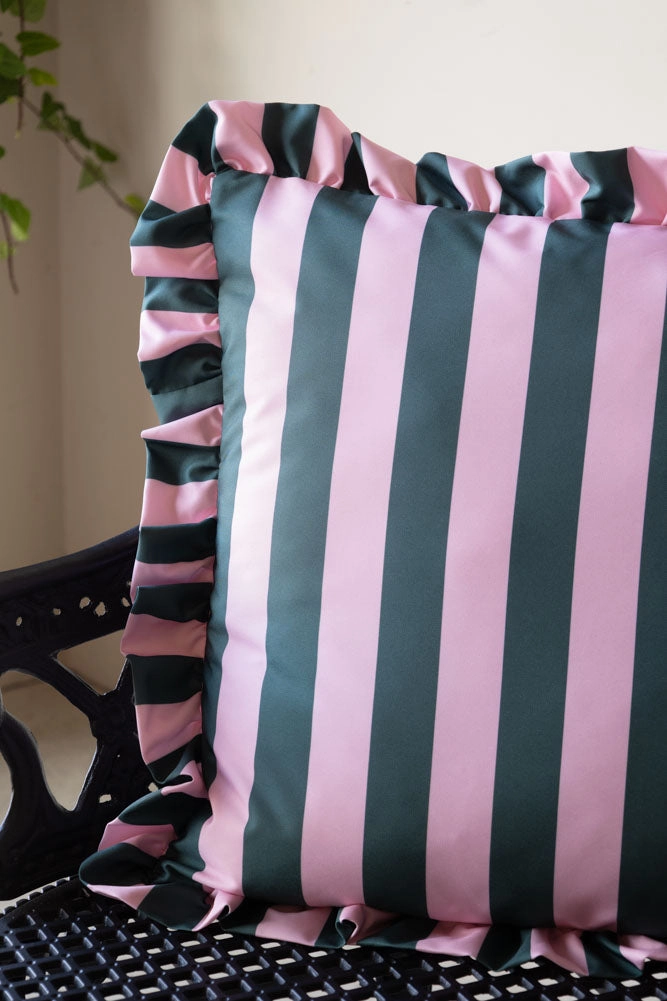 Pink & Green Stripe Outdoor Cushion with Frill Edge