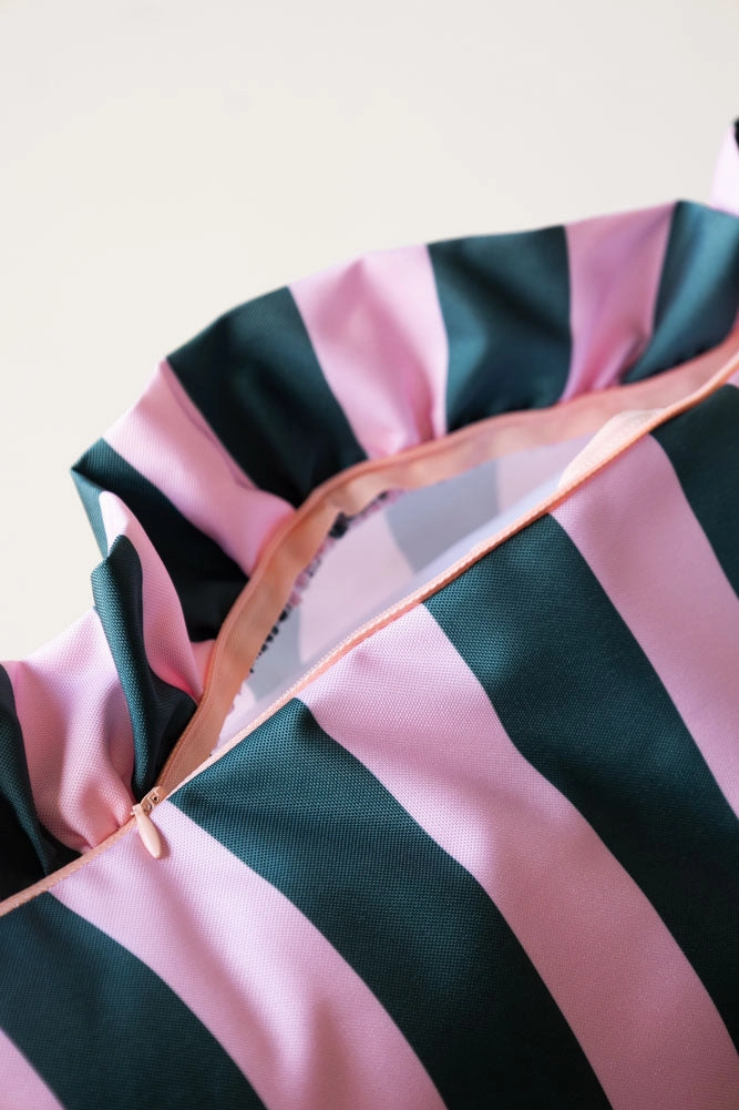 Pink & Green Stripe Outdoor Cushion with Frill Edge