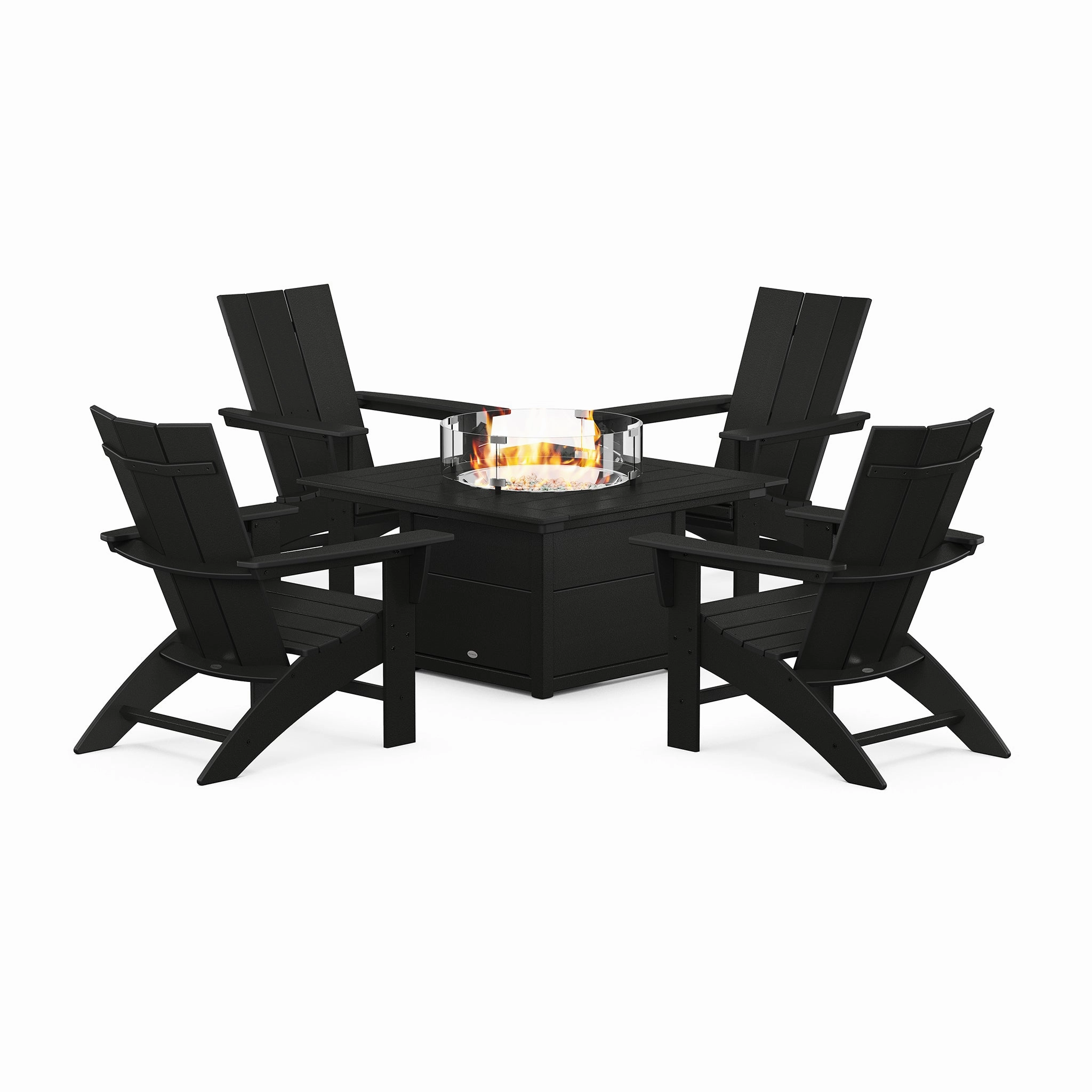 POLYWOOD Modern Curveback Adirondack 5-Piece Conversation Set with Fire Pit Table