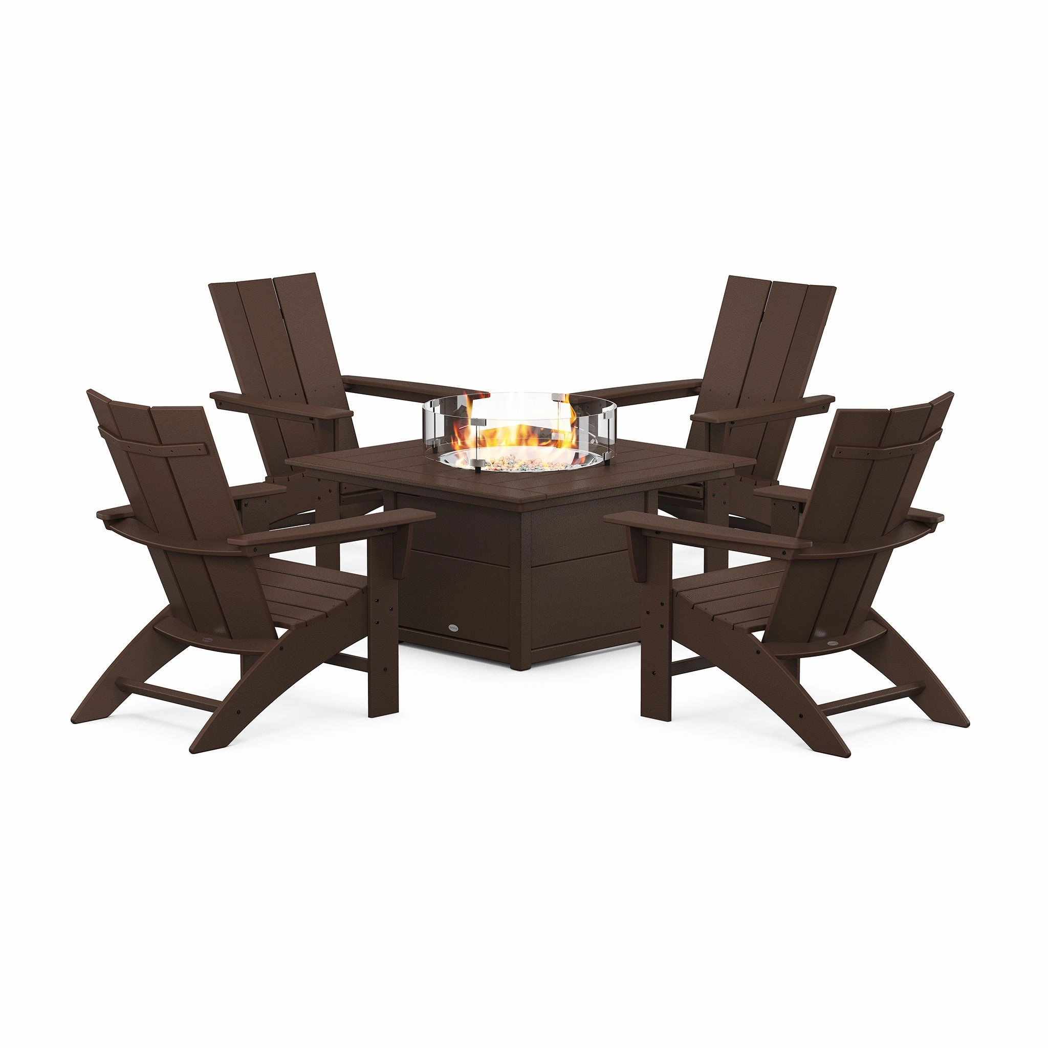 POLYWOOD Modern Curveback Adirondack 5-Piece Conversation Set with Fire Pit Table