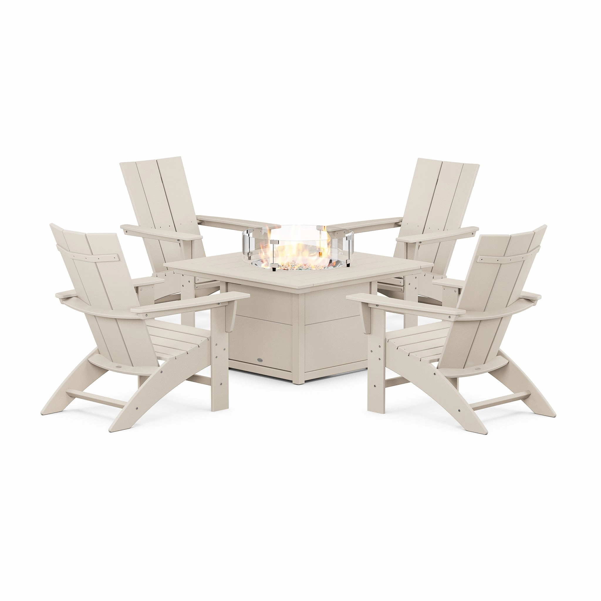 POLYWOOD Modern Curveback Adirondack 5-Piece Conversation Set with Fire Pit Table