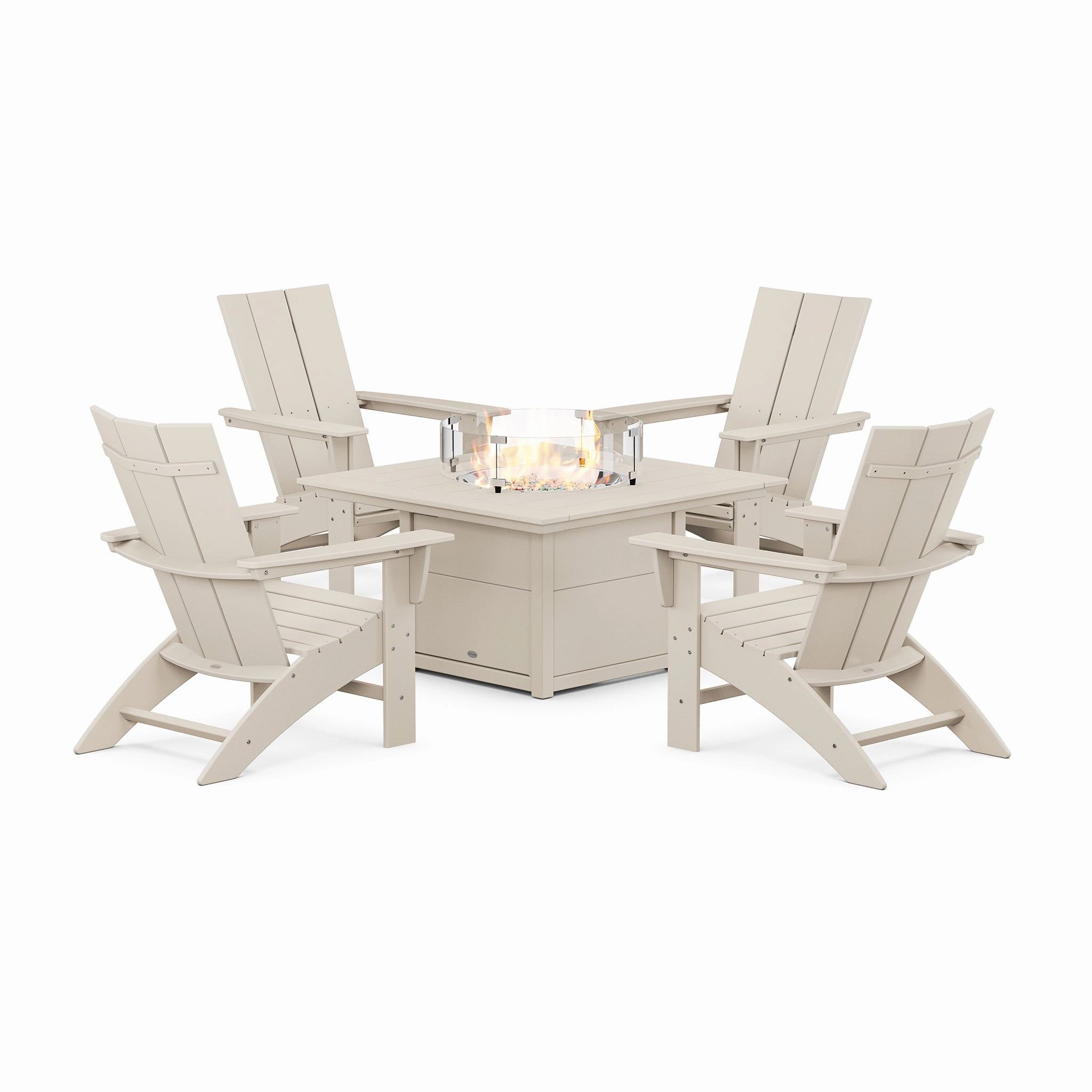POLYWOOD Modern Curveback Adirondack 5-Piece Conversation Set with Fire Pit Table
