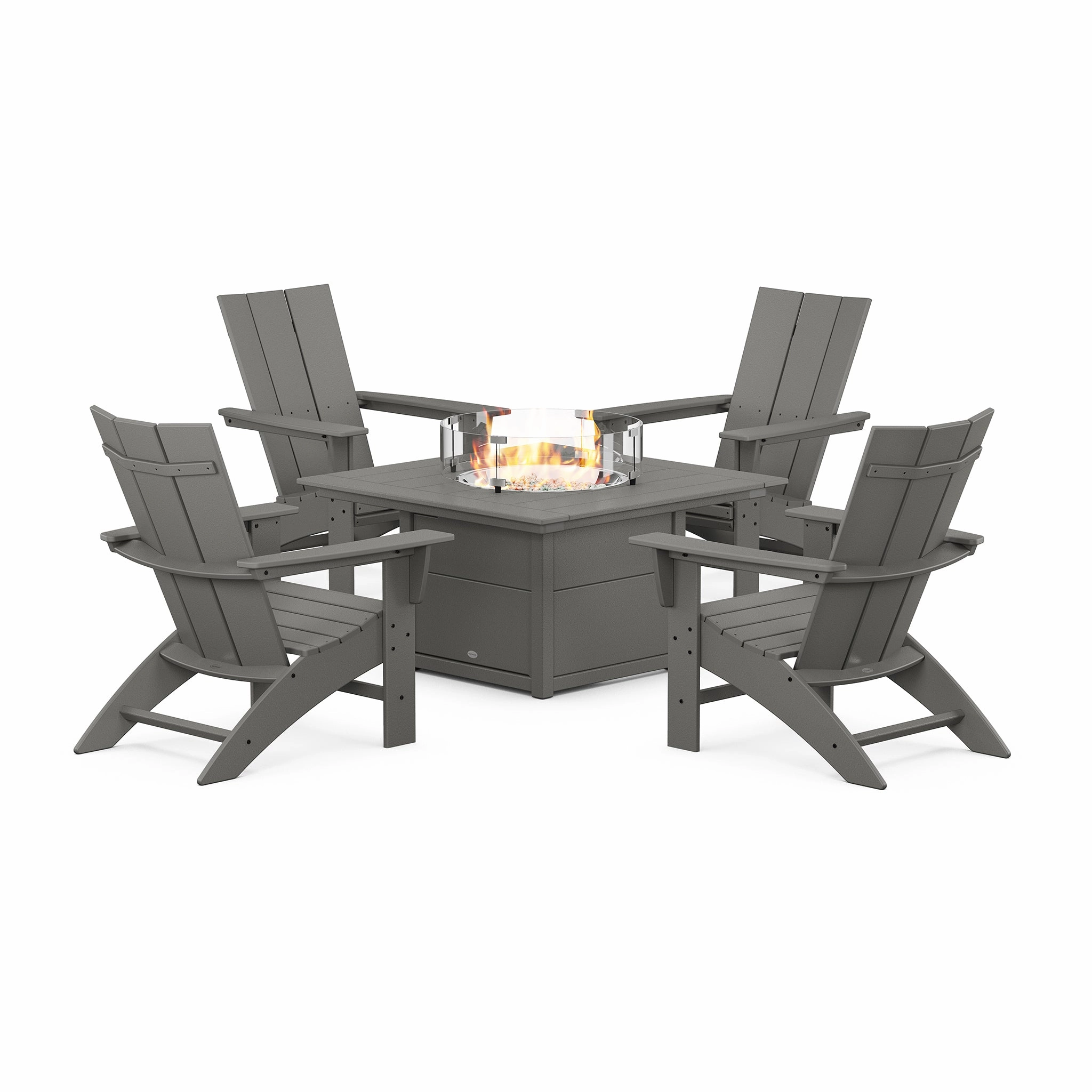 POLYWOOD Modern Curveback Adirondack 5-Piece Conversation Set with Fire Pit Table