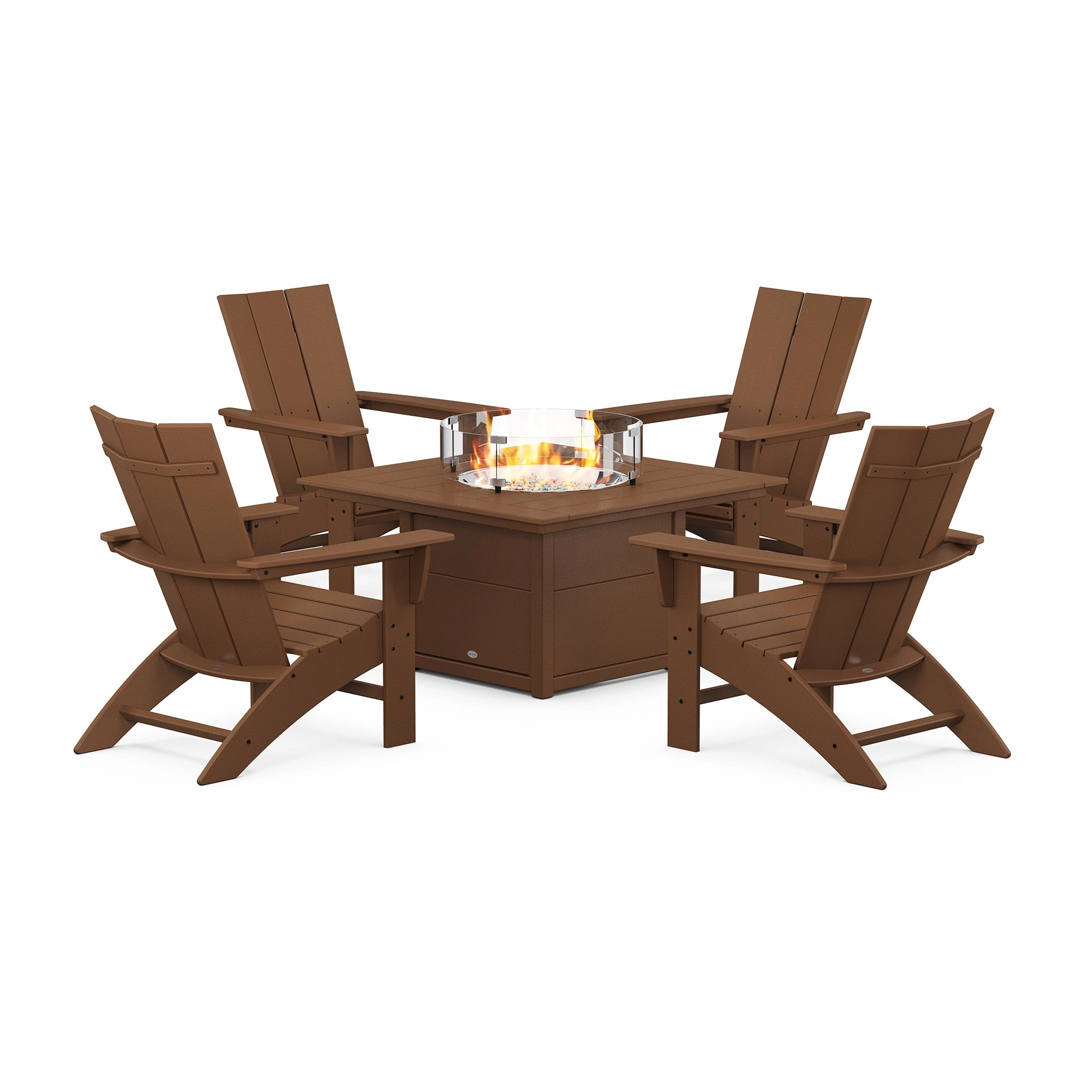 POLYWOOD Modern Curveback Adirondack 5-Piece Conversation Set with Fire Pit Table