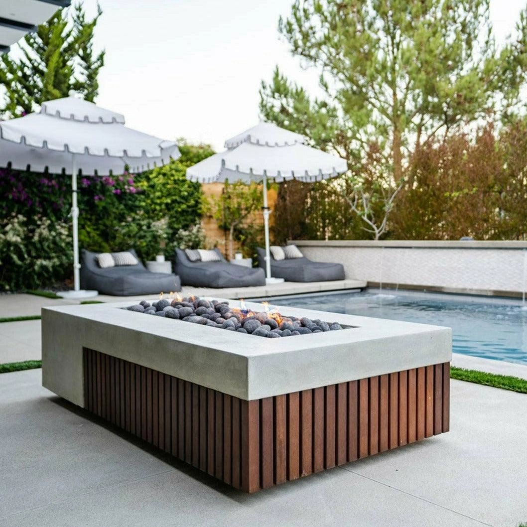 Prism Hardscapes - Fairmont Rectangular Concrete & Hardwood Fire Pit Table
