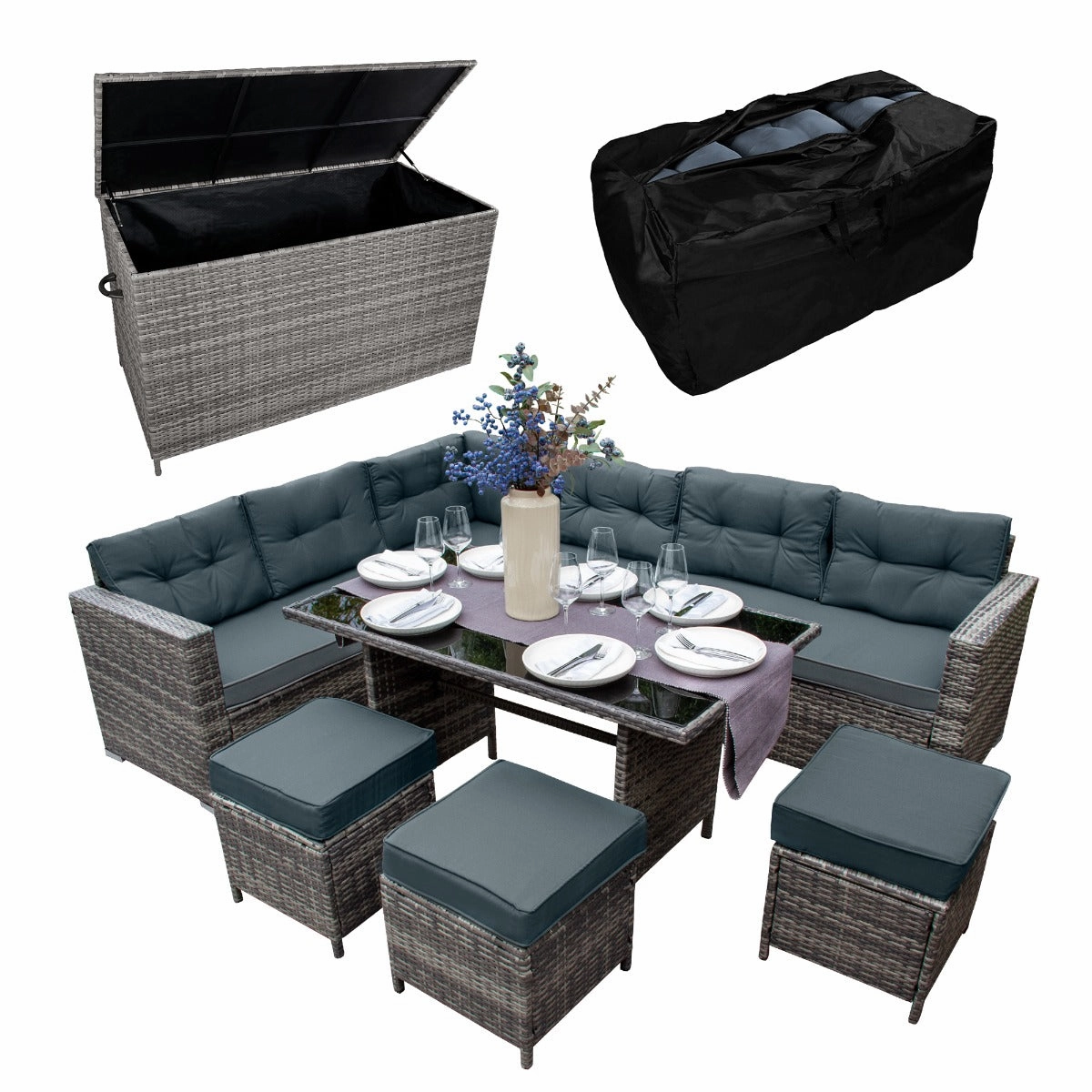 Rattan Corner Set & Cushion Storage Box - Greyoutdoor patio furniture set