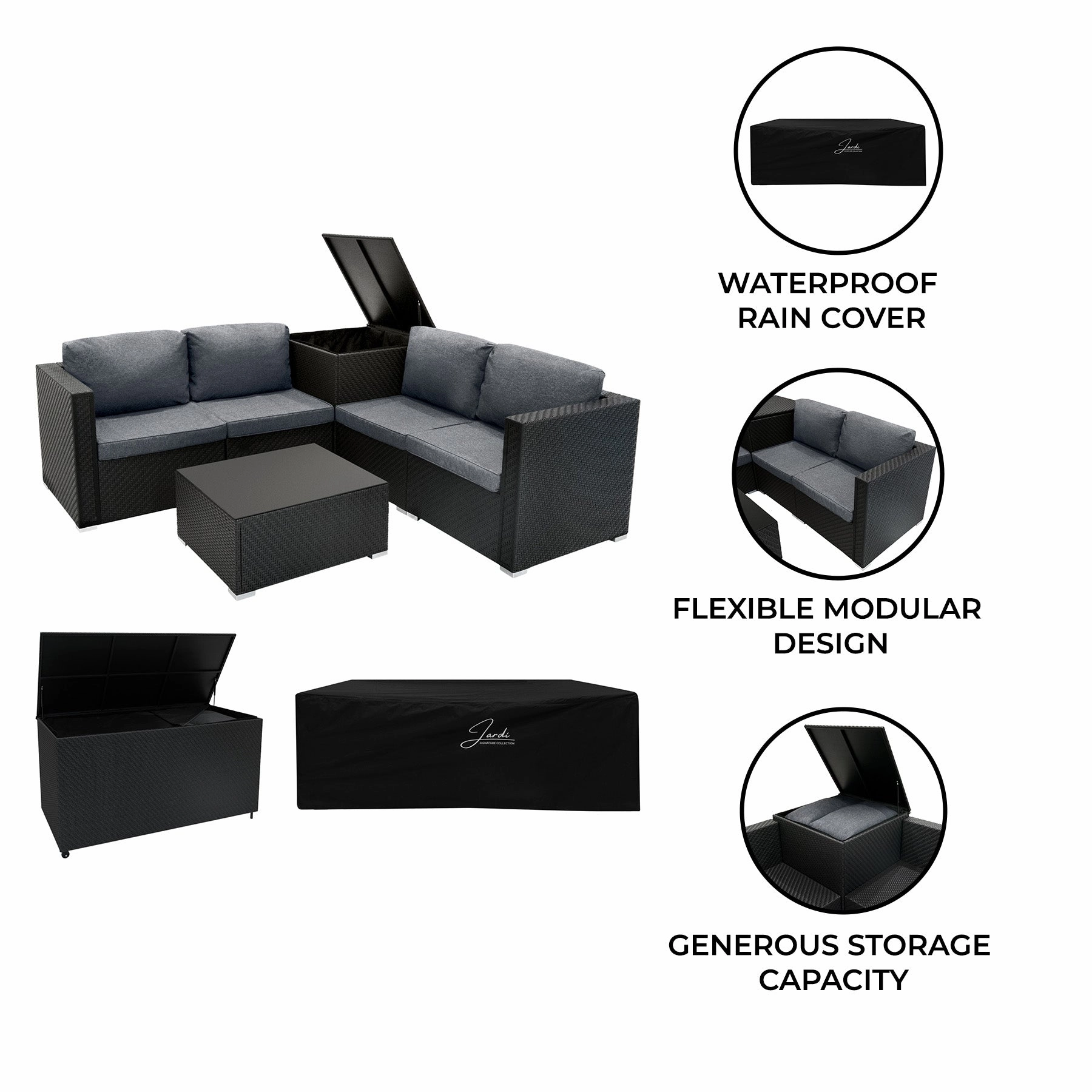 Rattan Modular 6 Piece Furniture Set & 700L Storage Box  Black