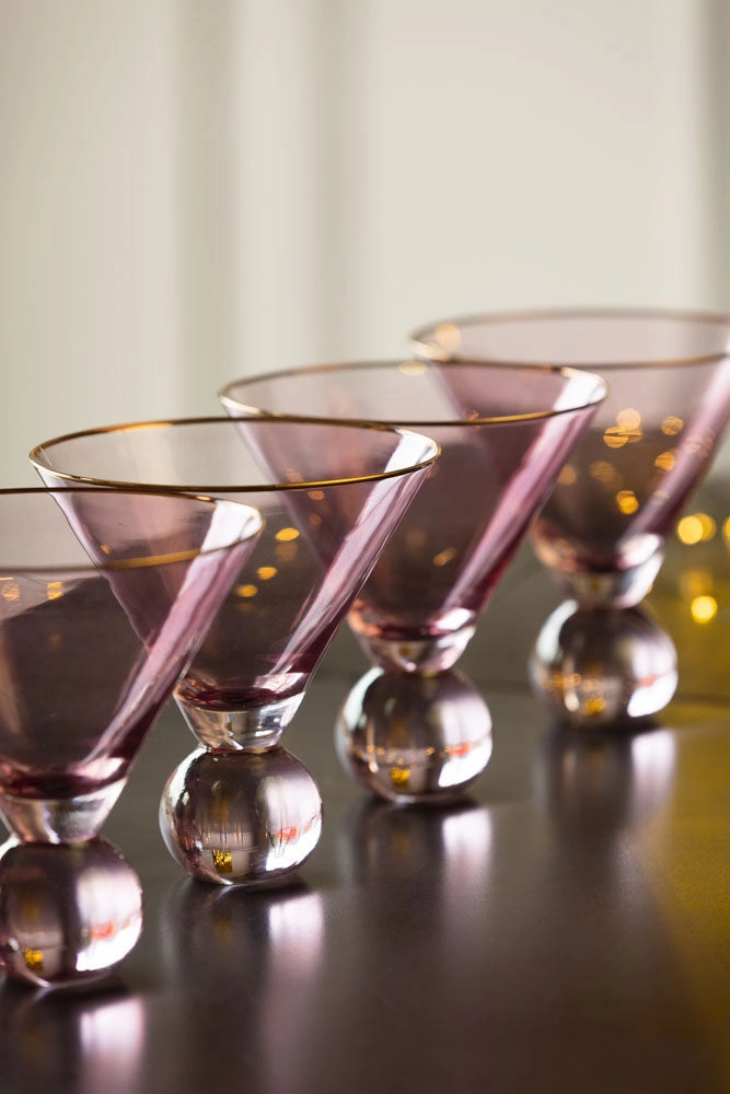 Set Of 4 Gold Rim Rose Tinted Martini Glasses
