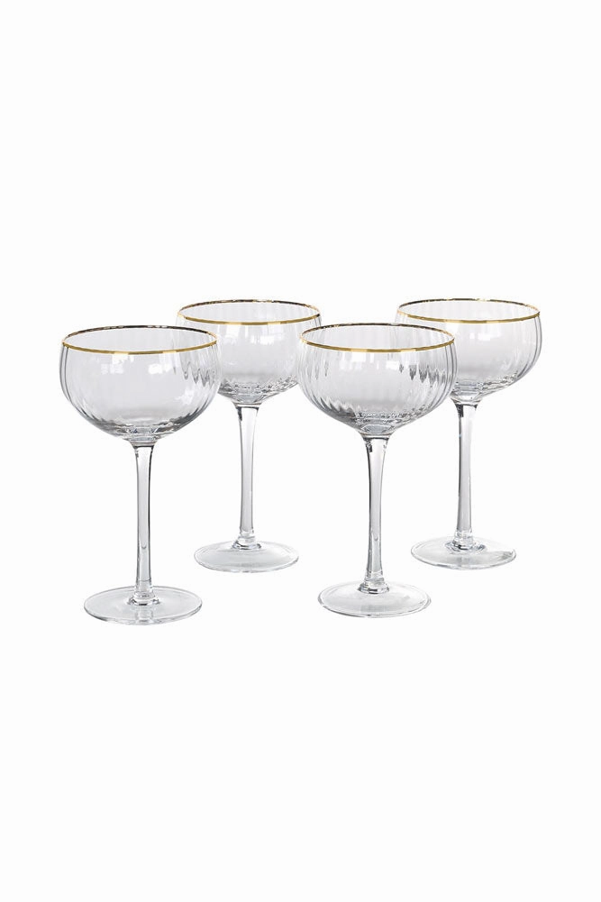 Set Of 4 Ribbed Champagne Coupe Glasses With Gold Rim
