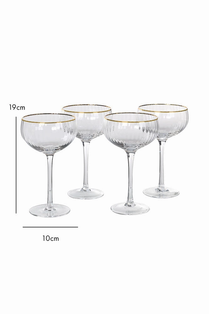 Set Of 4 Ribbed Champagne Coupe Glasses With Gold Rim
