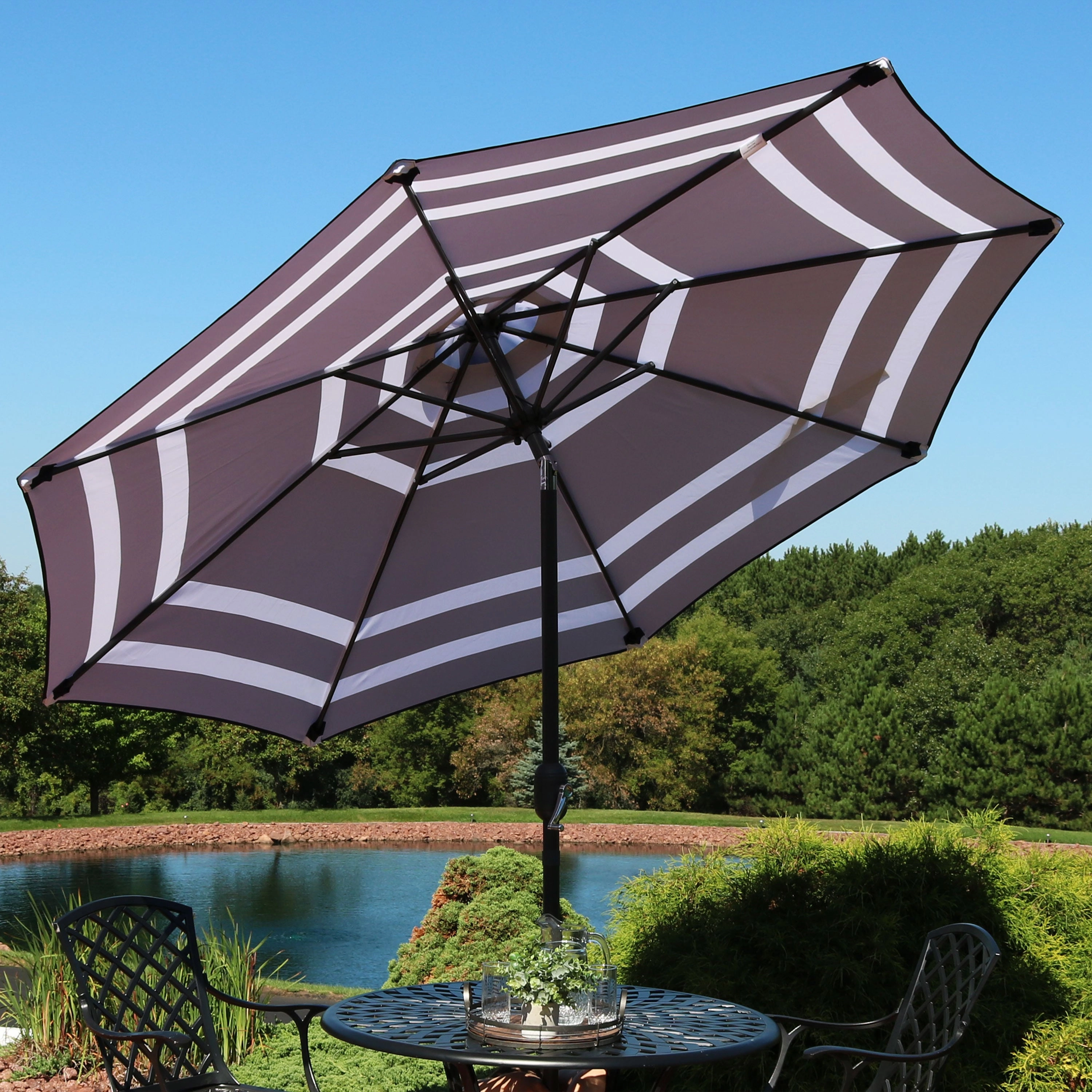 Sunnydaze 9' Striped Patio Umbrella with Push Button Tilt and Crank