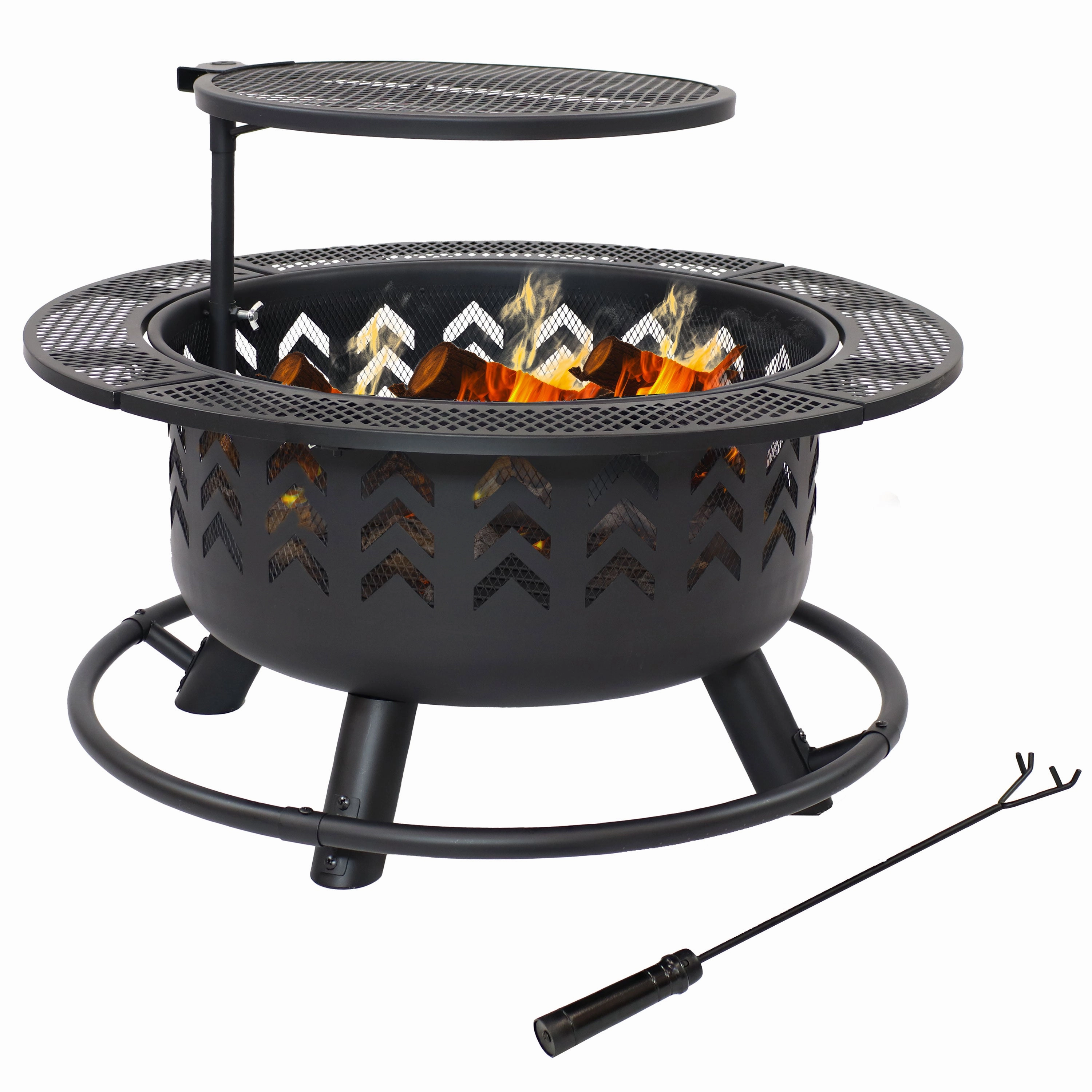 Sunnydaze Arrow Motif Wood-Burning Fire Pit with Grill - 32.75"portable outdoor fire pit with lid
