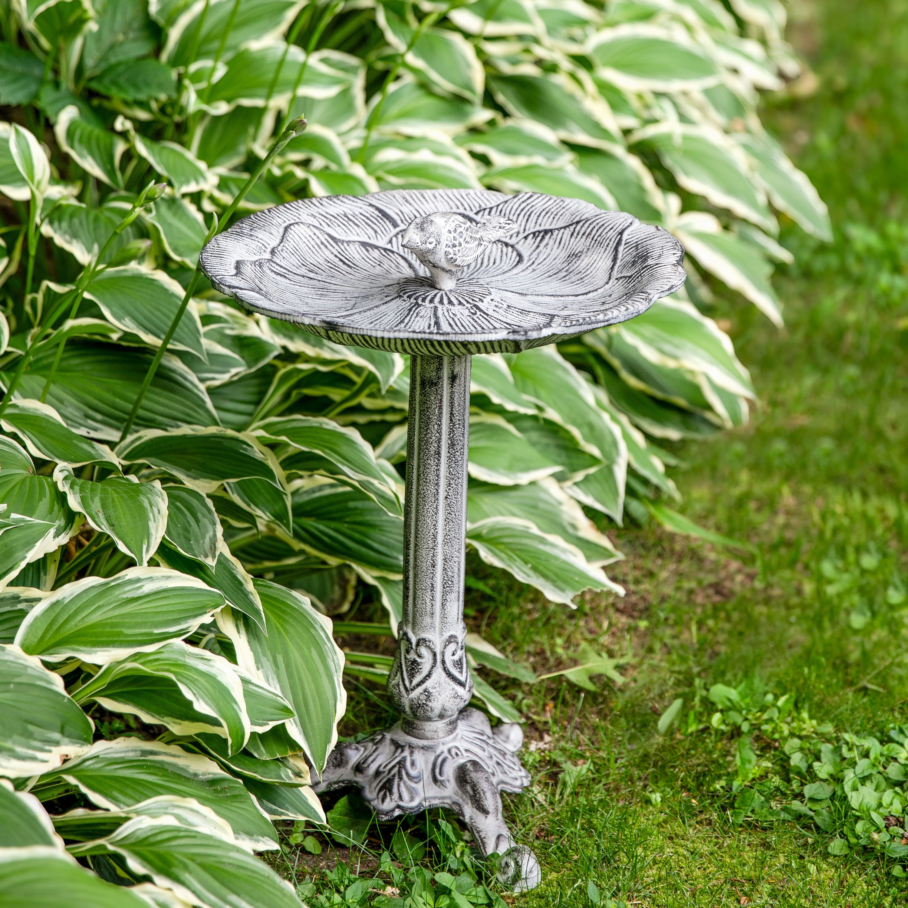 Sunnydaze Bird and Blossom Metal Bird Bath - Antique Gray - 13"