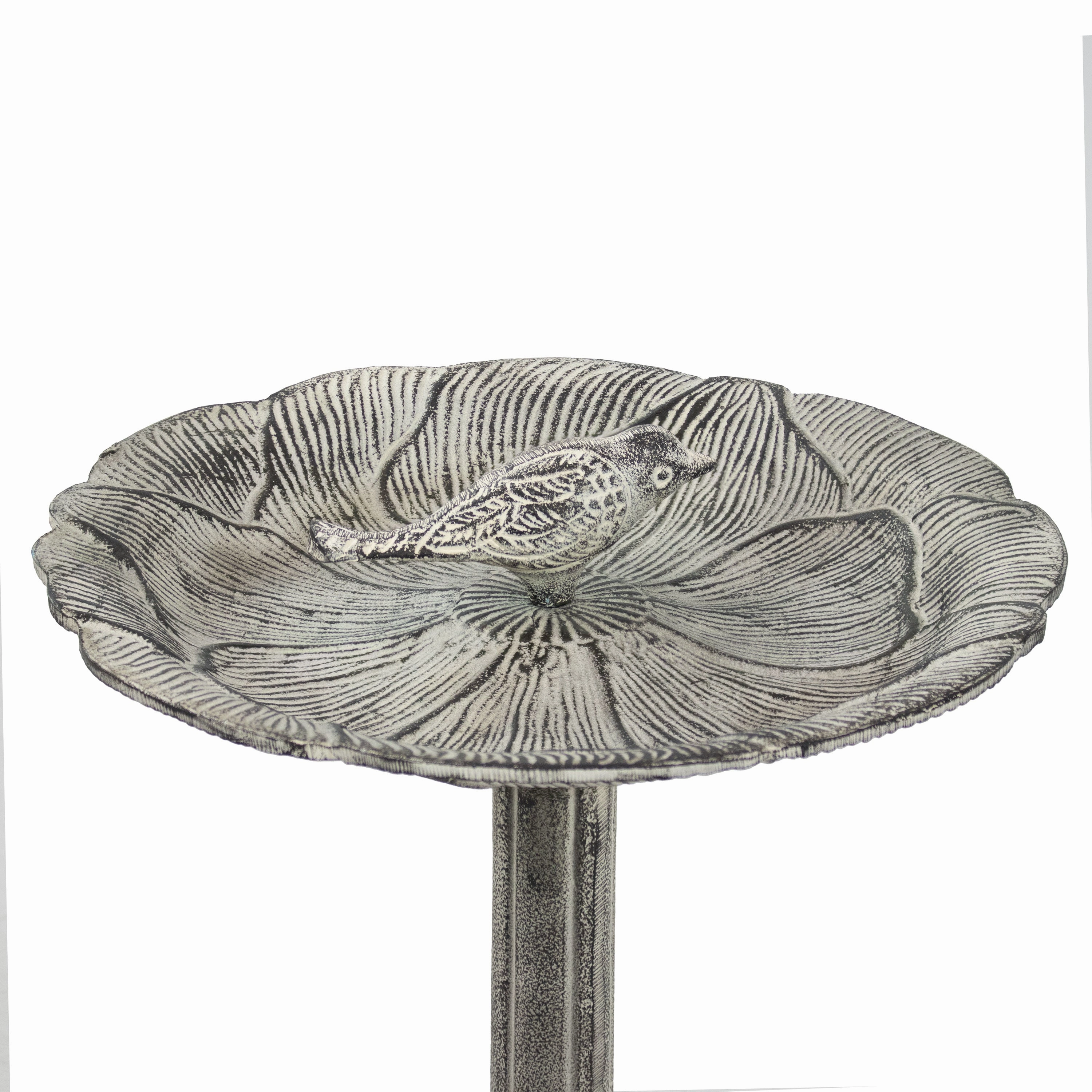 Sunnydaze Bird and Blossom Metal Bird Bath - Antique Gray - 13"