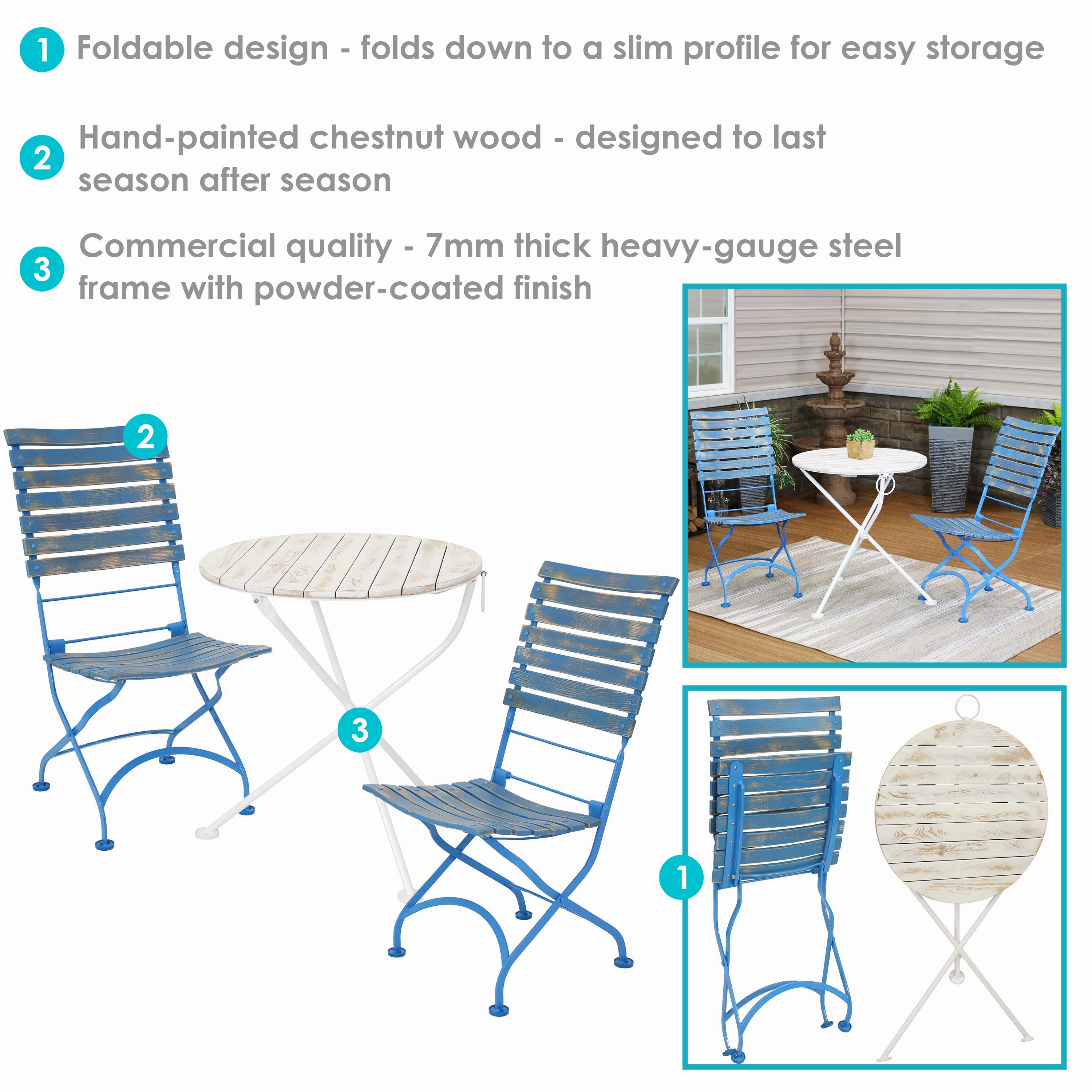Sunnydaze Caf Couleur 3-Piece Wood Folding Bistro Table and Chair Set - Blue