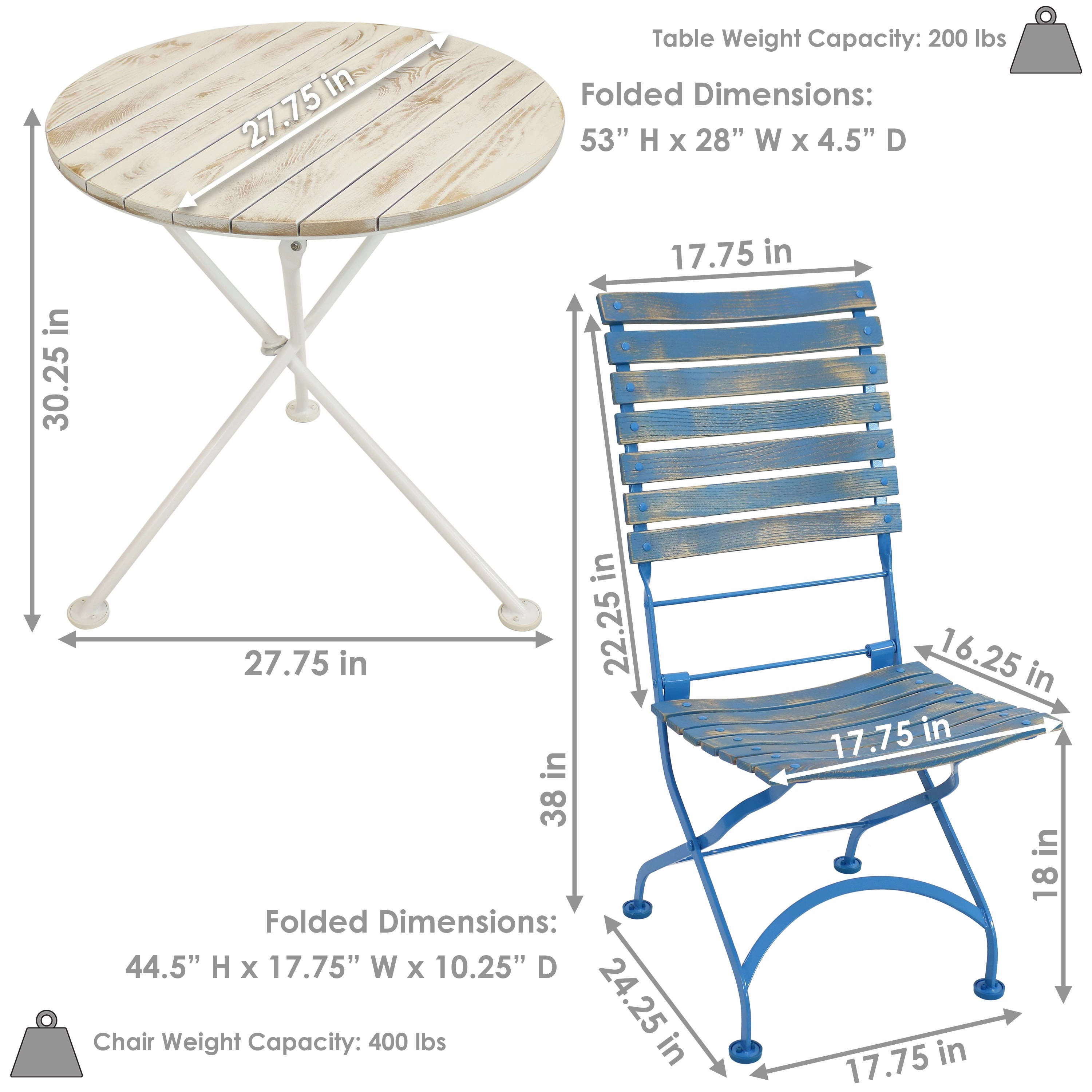 Sunnydaze Caf Couleur 3-Piece Wood Folding Bistro Table and Chair Set - Blue