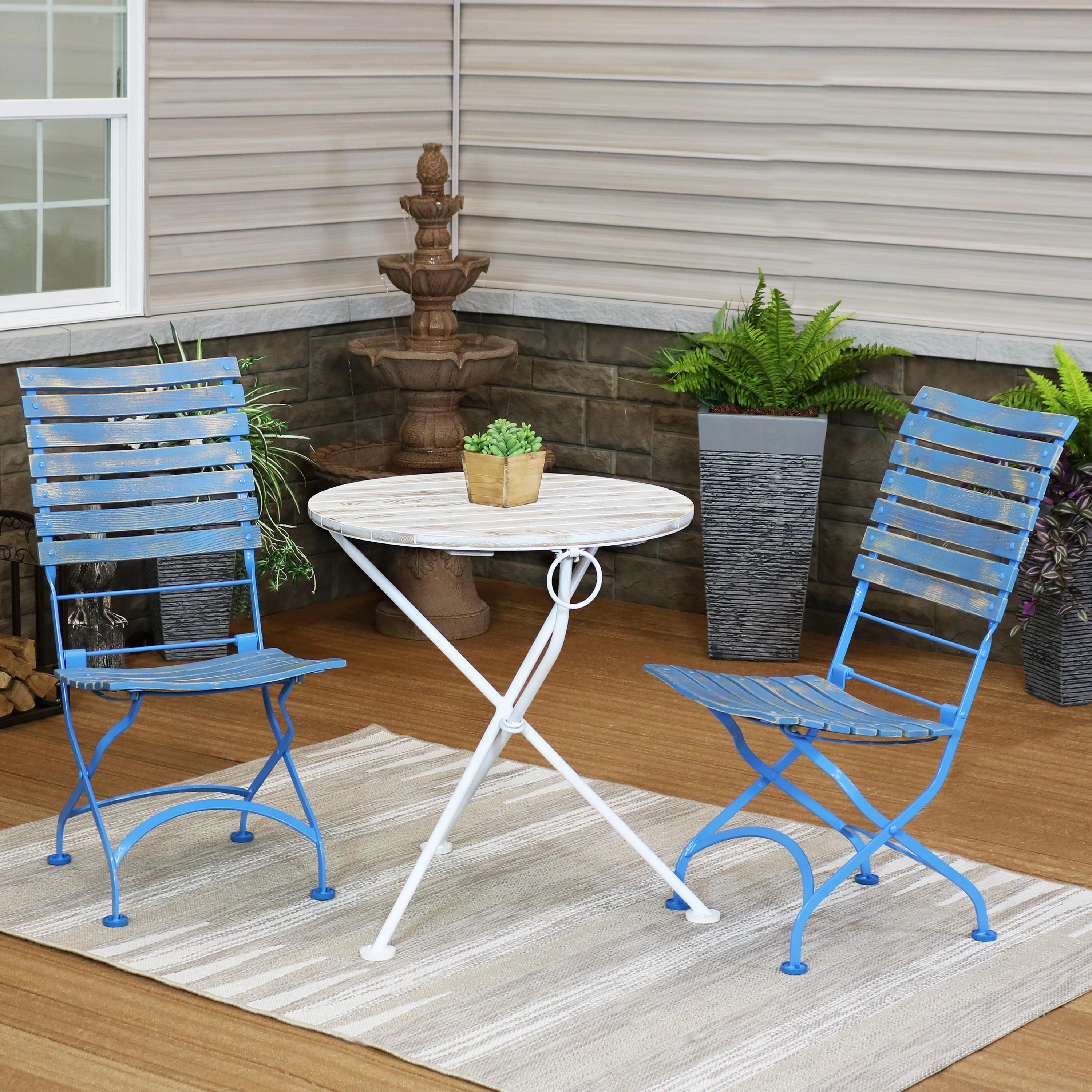 Sunnydaze Caf Couleur 3-Piece Wood Folding Bistro Table and Chair Set - Blue
