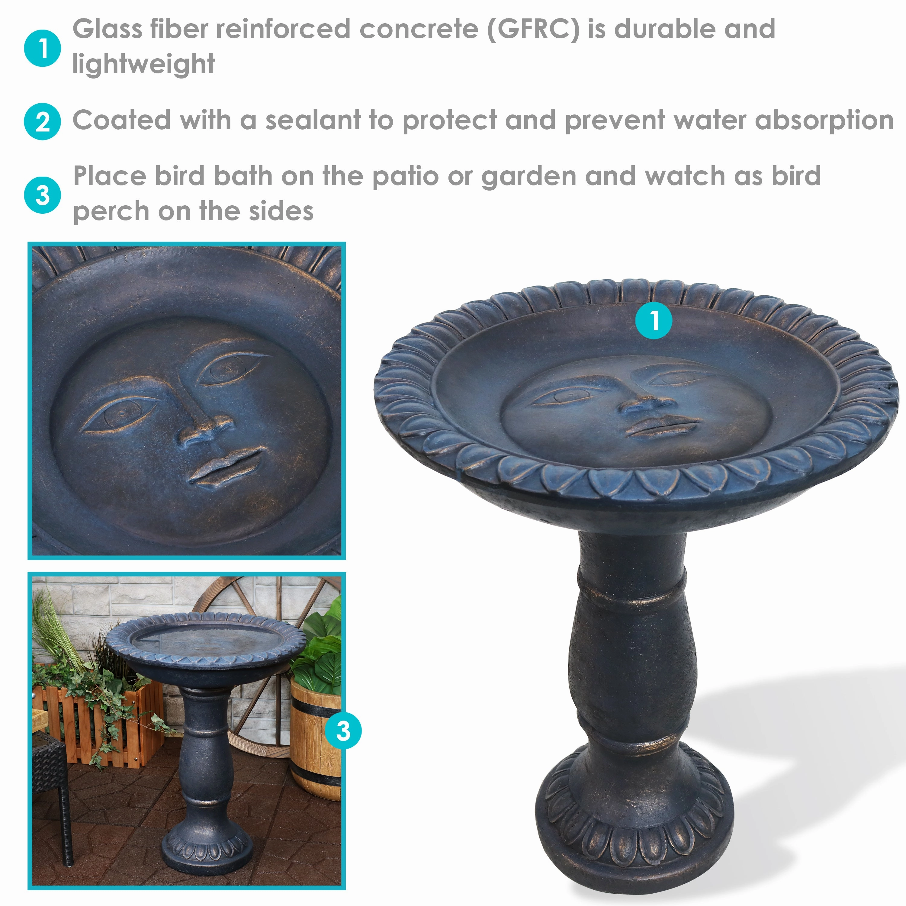 Sunnydaze Faade du Soleil Reinforced Concrete Bird Bath - 26"